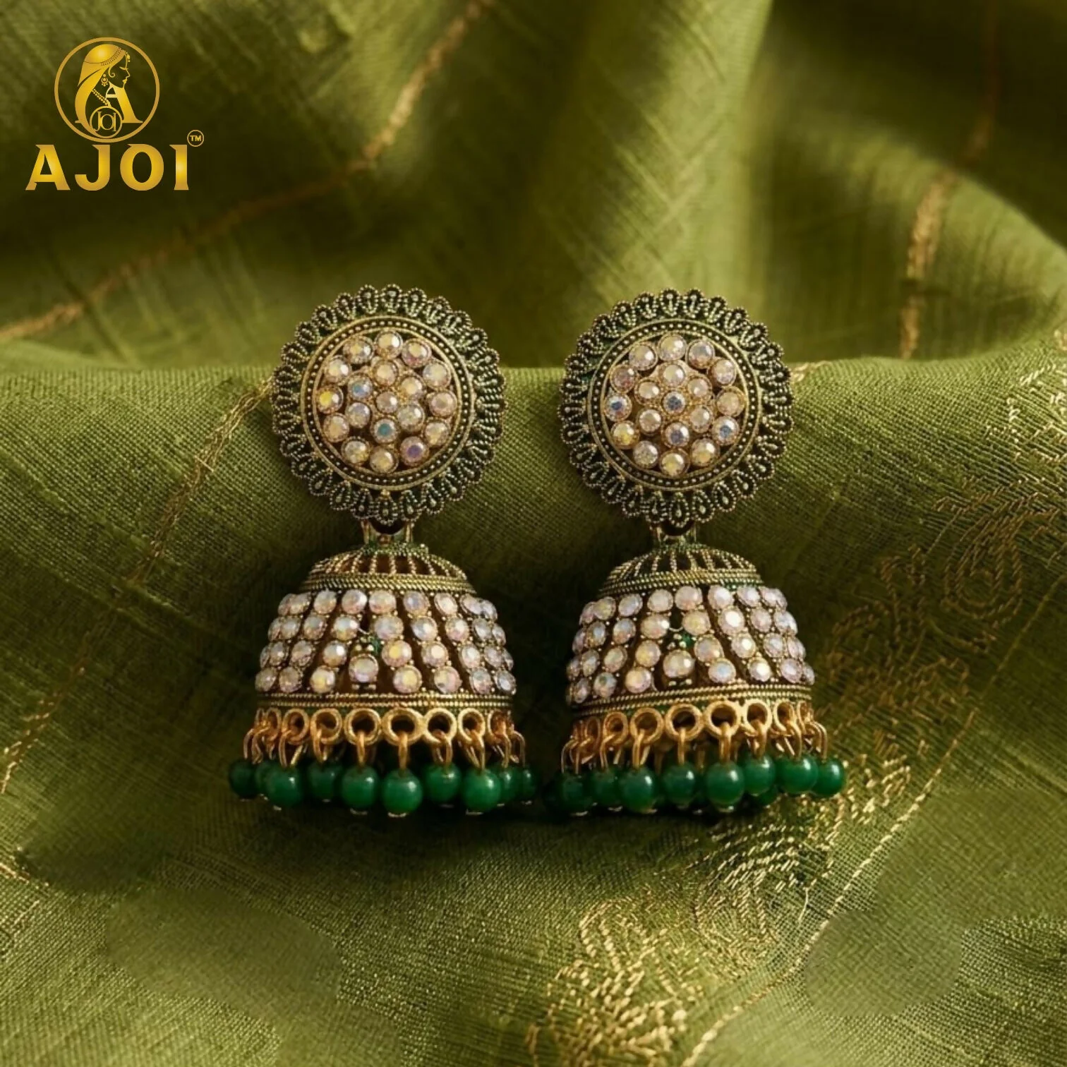 Antique Gold Pearl Jhumka Earrings with Elegant Green Bead Drops - Image 4