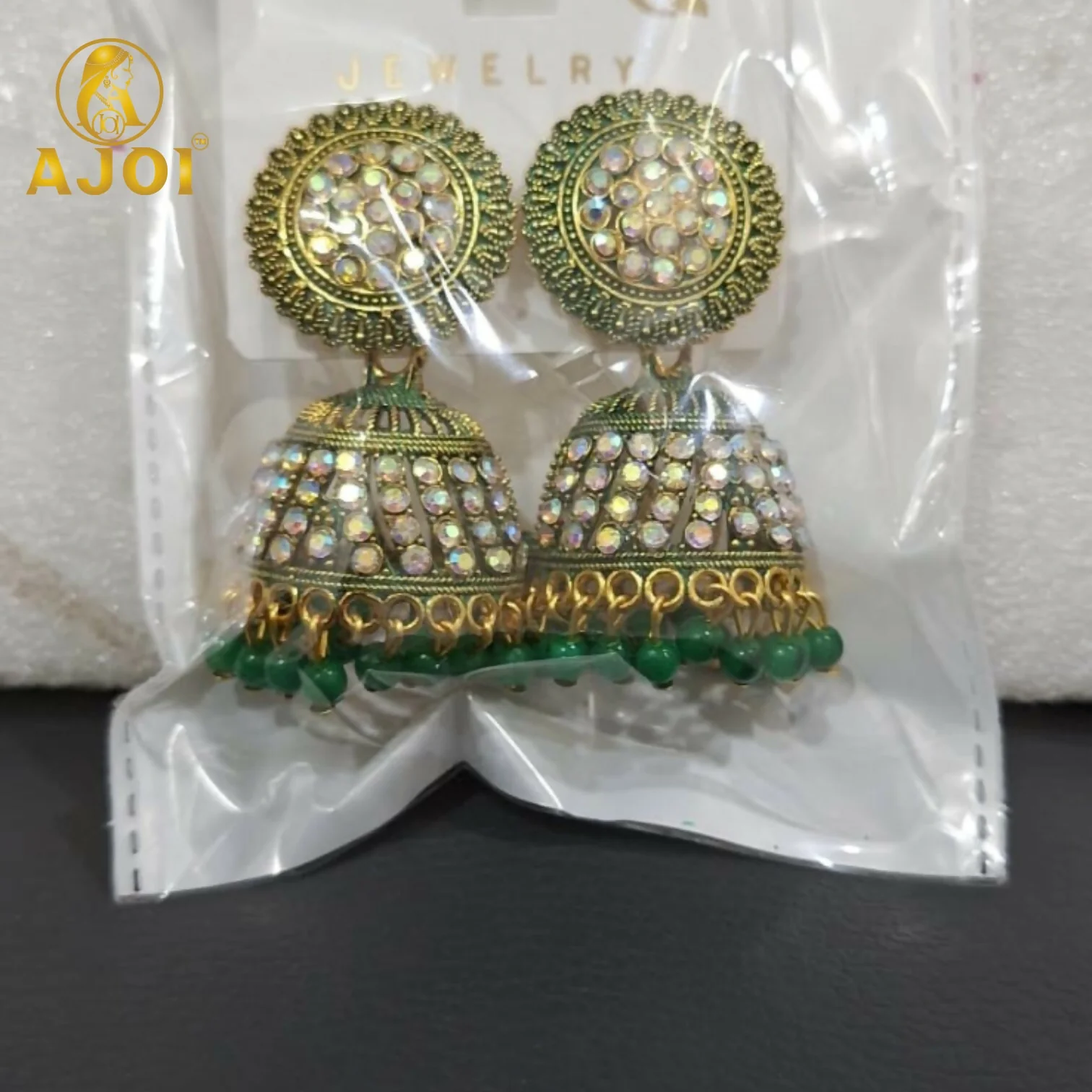 Antique Gold Pearl Jhumka Earrings with Elegant Green Bead Drops - Image 5
