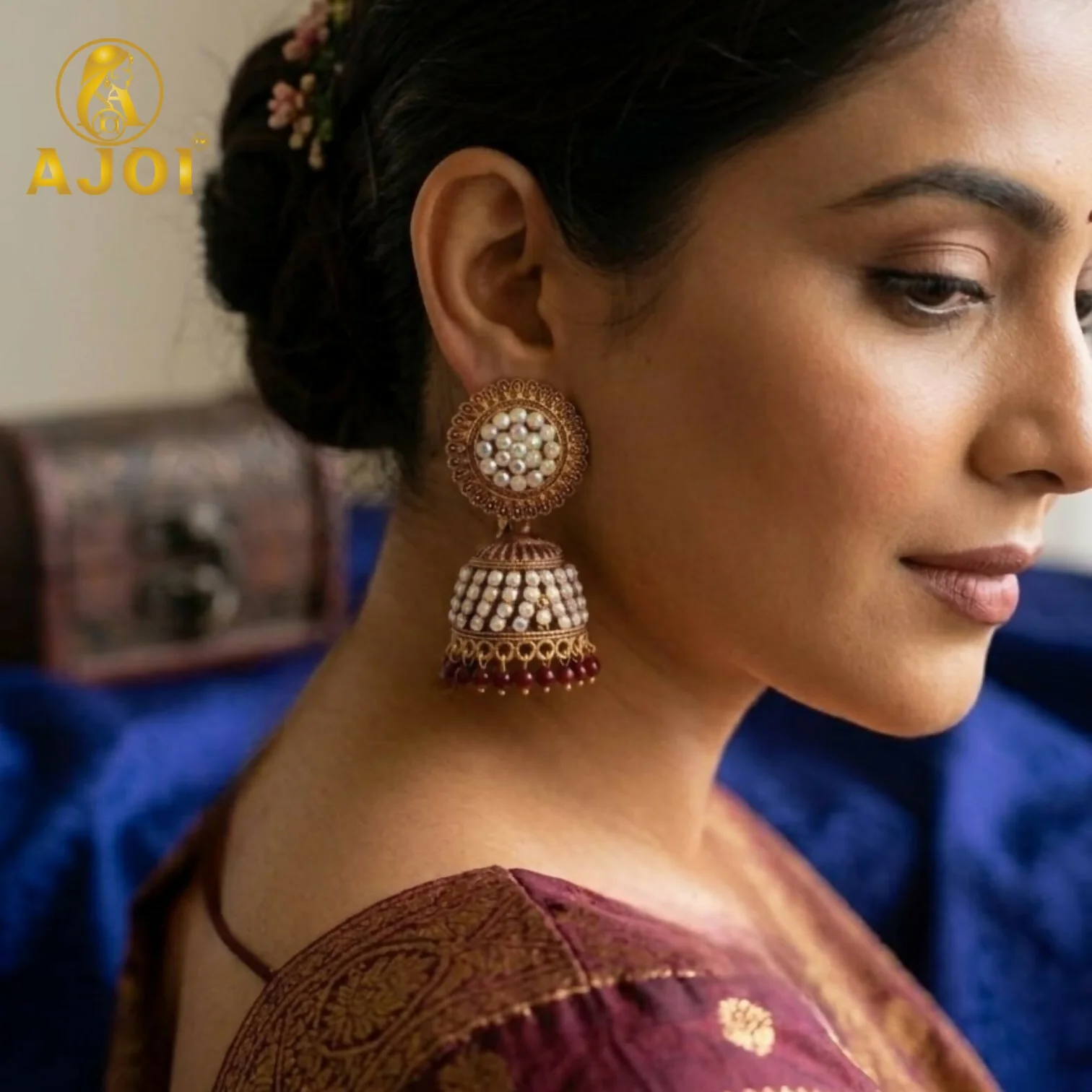 Antique Gold Pearl Jhumka Earrings with Maroon Ethnic Design - Image 2
