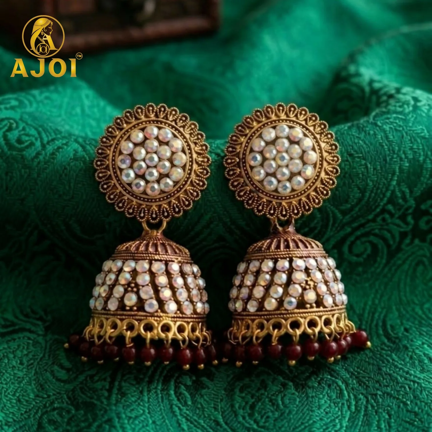 Antique Gold Pearl Jhumka Earrings with Maroon Ethnic Design - Image 3