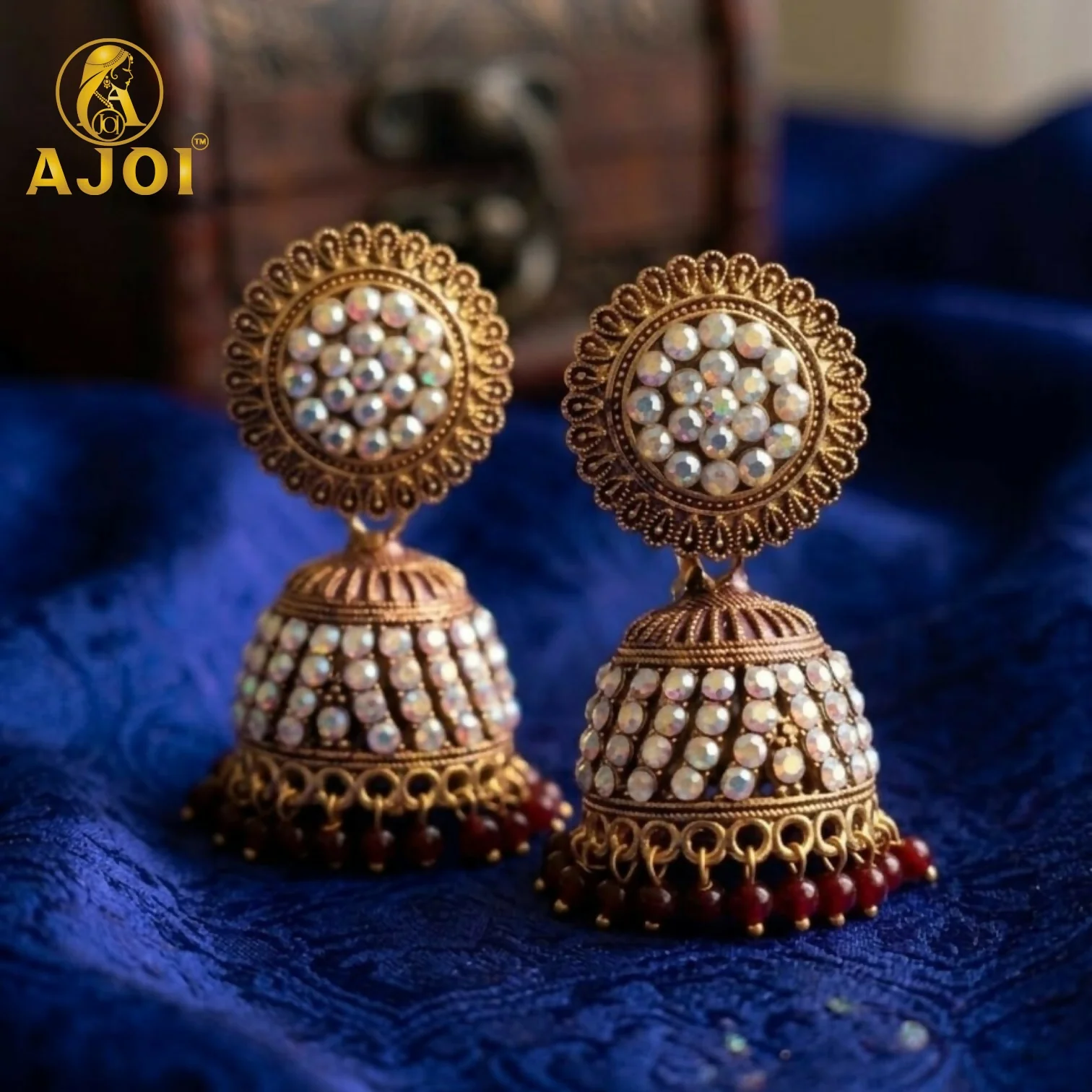 Antique Gold Pearl Jhumka Earrings with Maroon Ethnic Design - Image 4