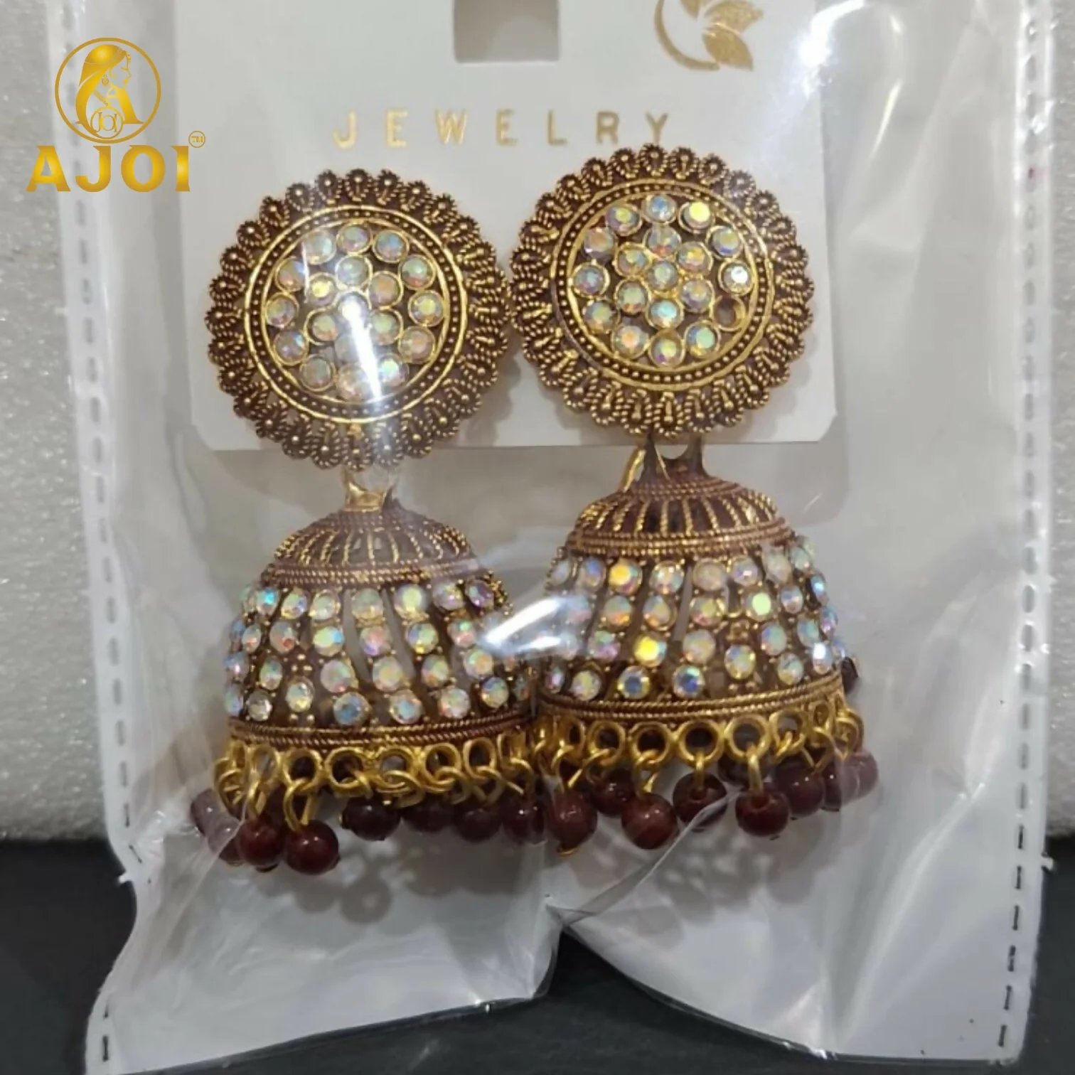 Antique Gold Pearl Jhumka Earrings with Maroon Ethnic Design - Image 5