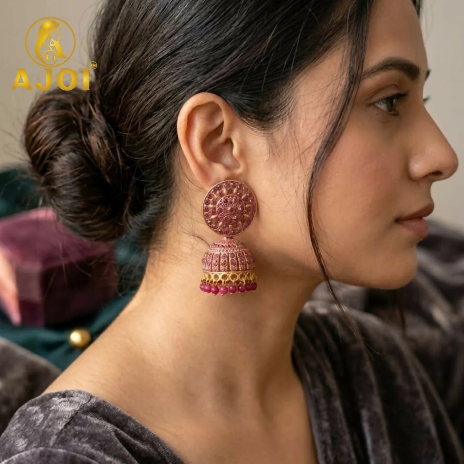 Antique Gold Pink Stone Jhumka Earrings Traditional Ethnic Design - Image 2