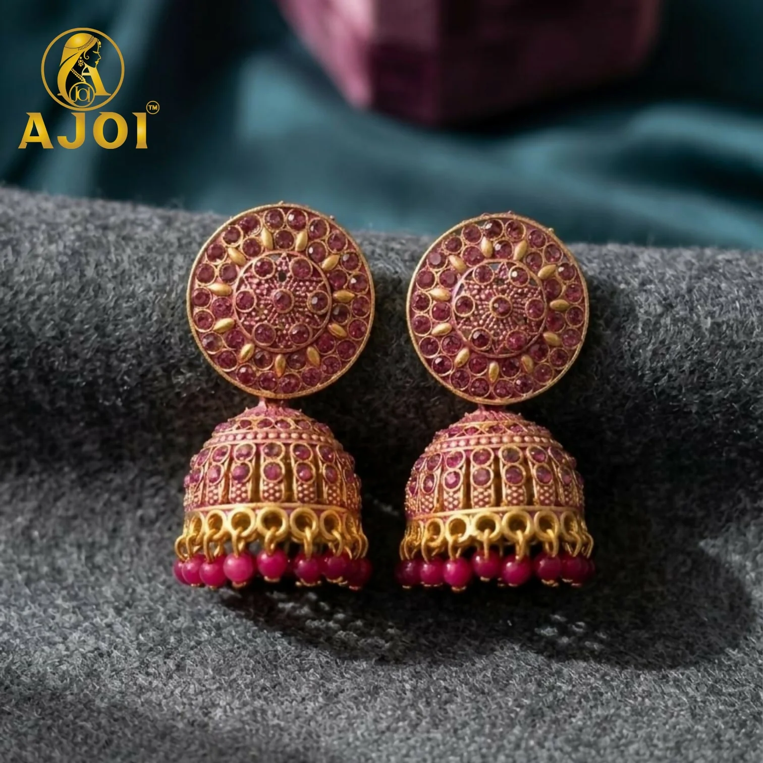 Antique Gold Pink Stone Jhumka Earrings Traditional Ethnic Design - Image 3