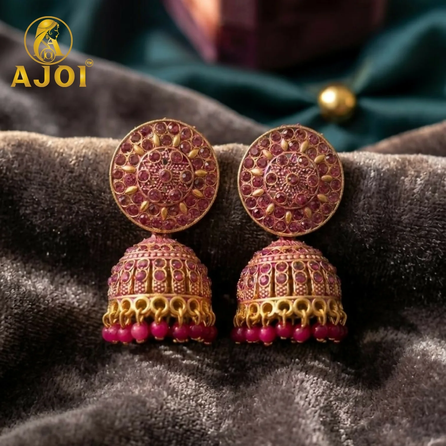 Antique Gold Pink Stone Jhumka Earrings Traditional Ethnic Design - Image 4