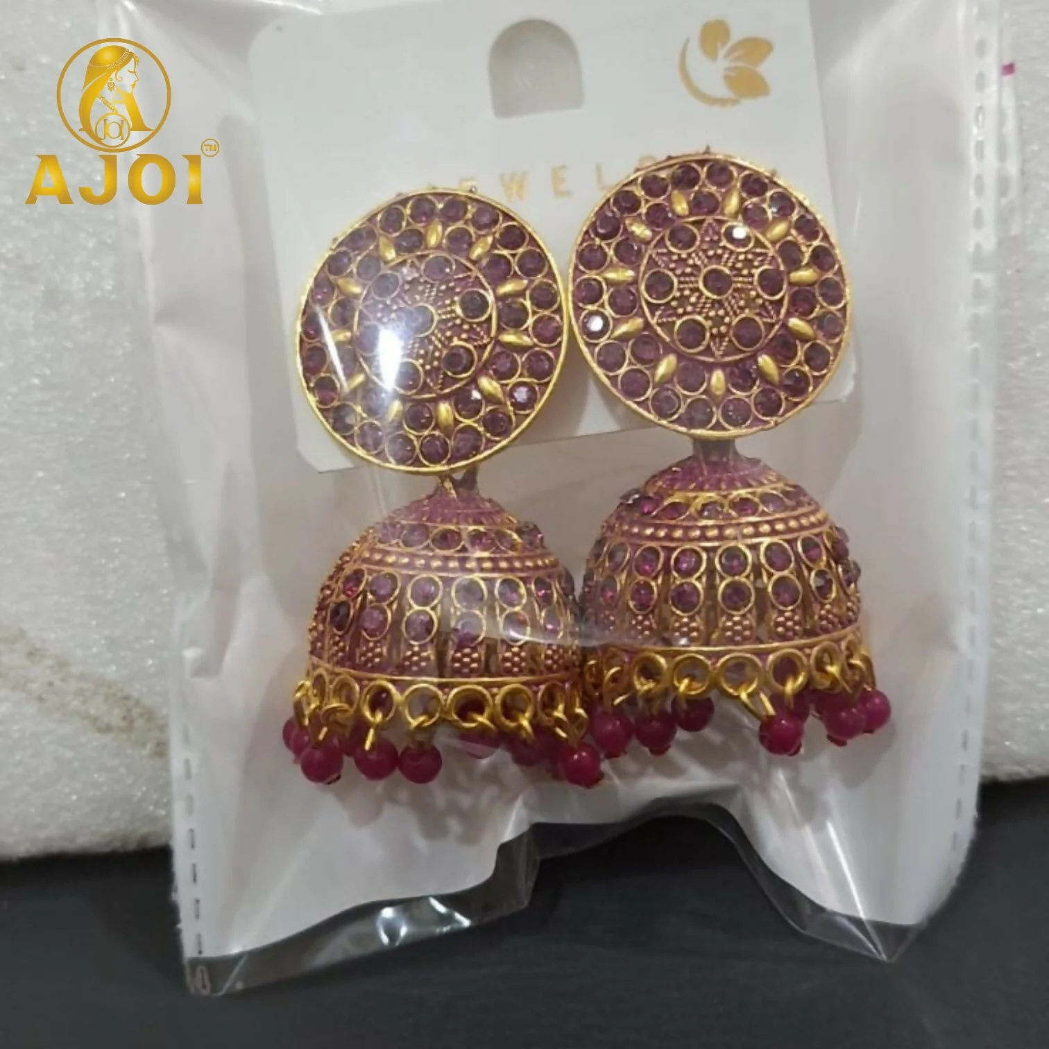 Antique Gold Pink Stone Jhumka Earrings Traditional Ethnic Design - Image 5
