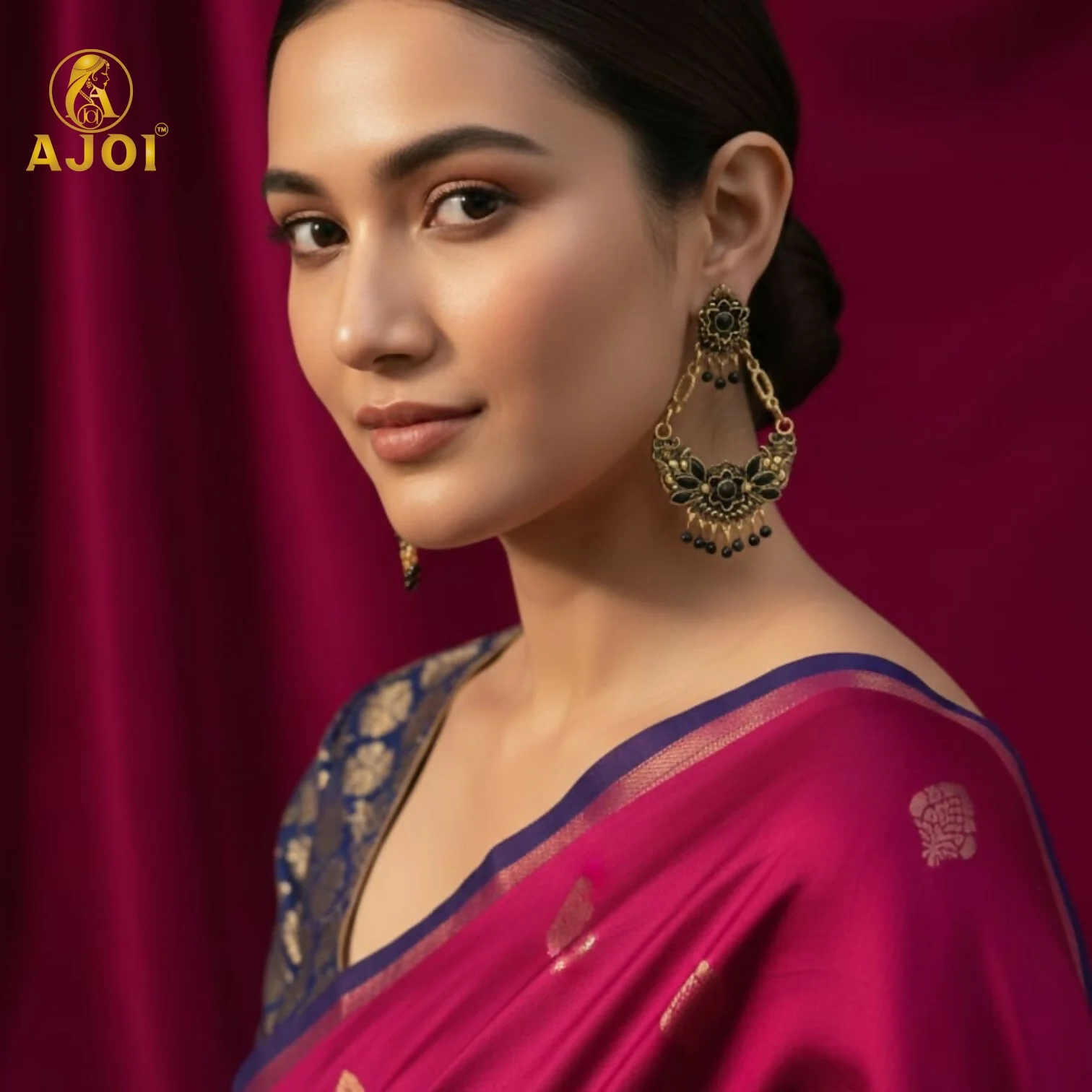 Antique Gold-Plated Black Stone Floral Chandbali Earrings for Women - Image 2