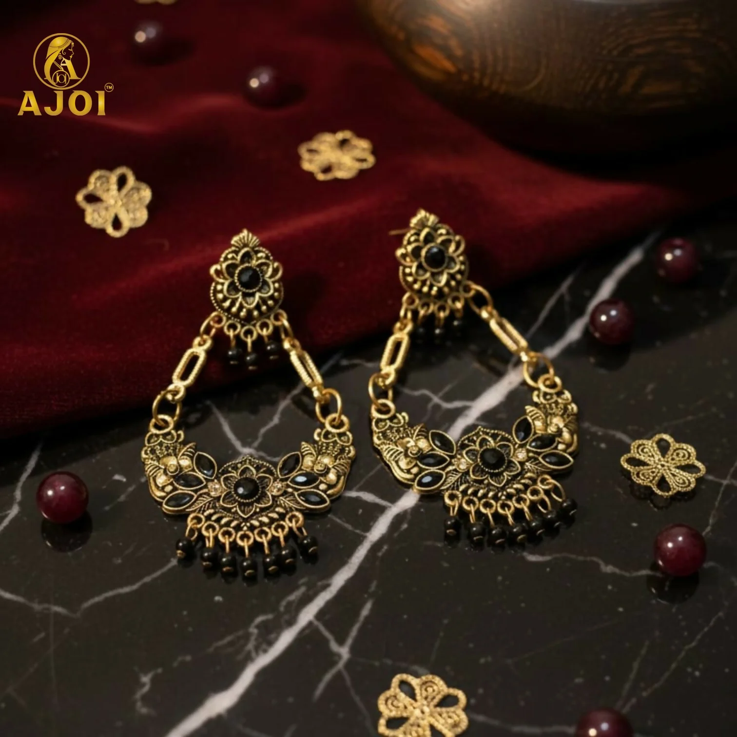 Antique Gold-Plated Black Stone Floral Chandbali Earrings for Women - Image 3