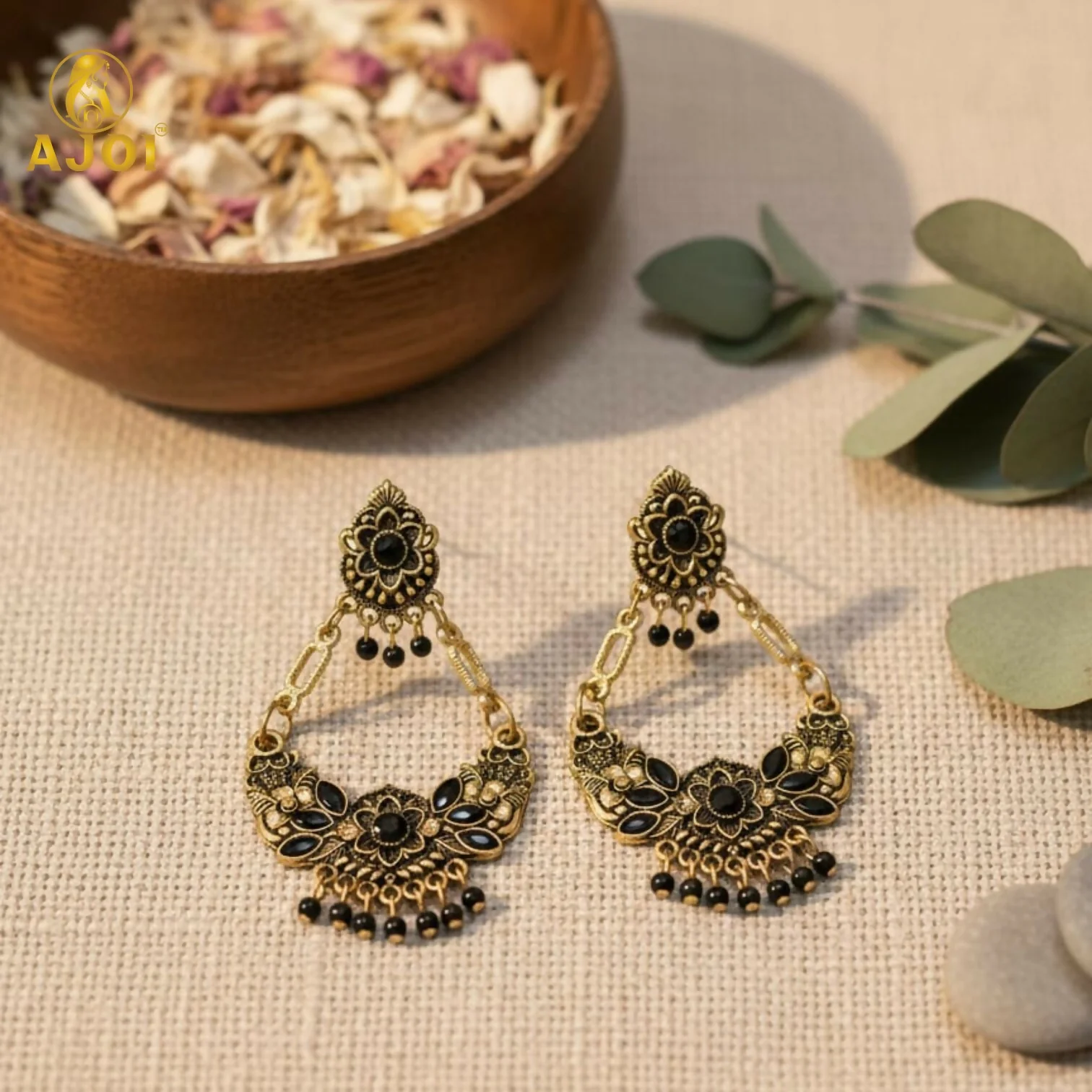 Antique Gold-Plated Black Stone Floral Chandbali Earrings for Women - Image 4
