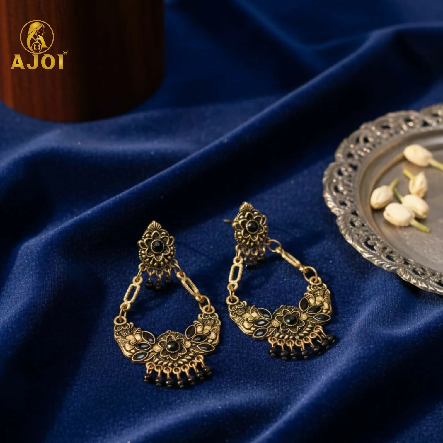 Antique Gold-Plated Black Stone Floral Chandbali Earrings for Women - Image 5