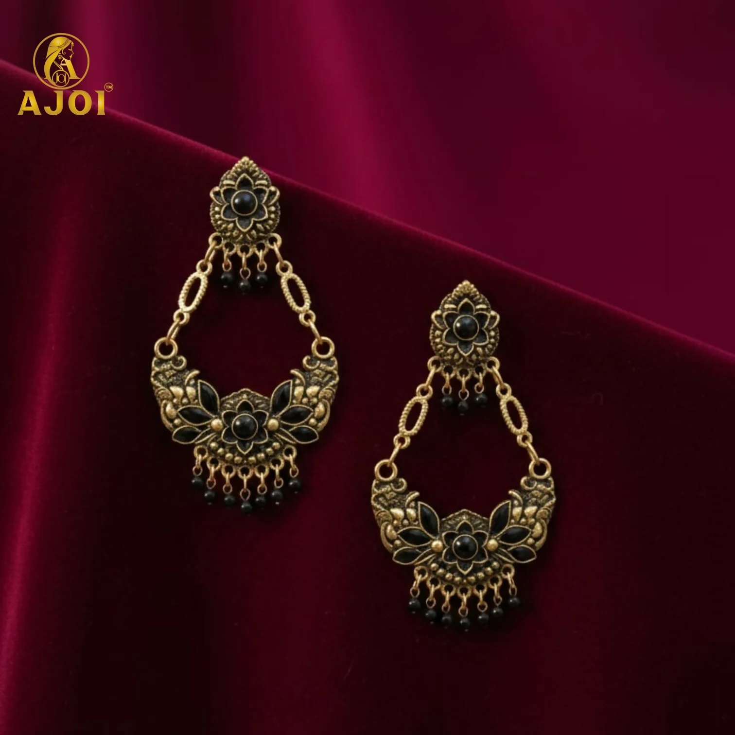 Antique Gold-Plated Black Stone Floral Chandbali Earrings for Women - Image 6