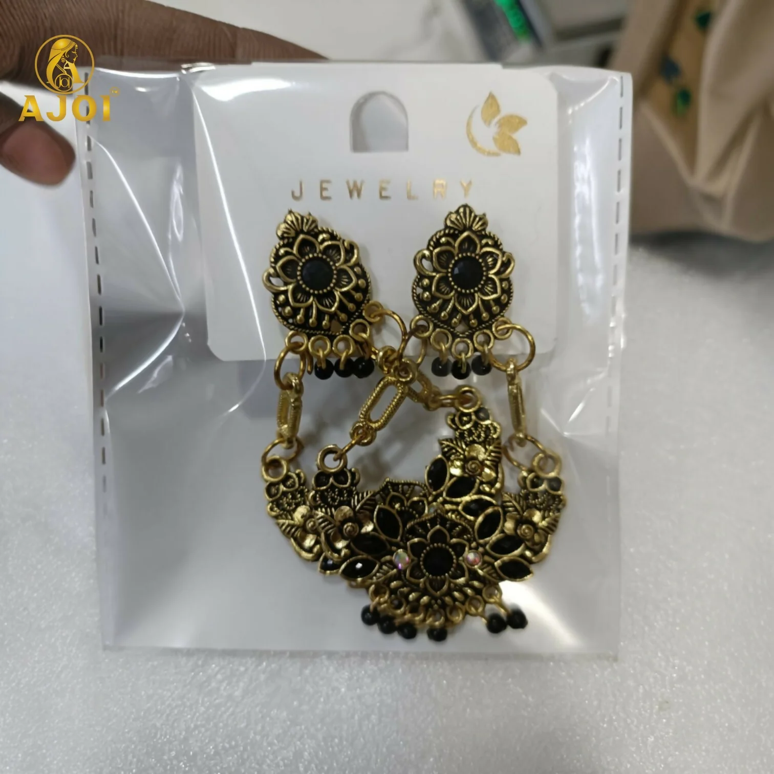 Antique Gold-Plated Black Stone Floral Chandbali Earrings for Women - Image 7