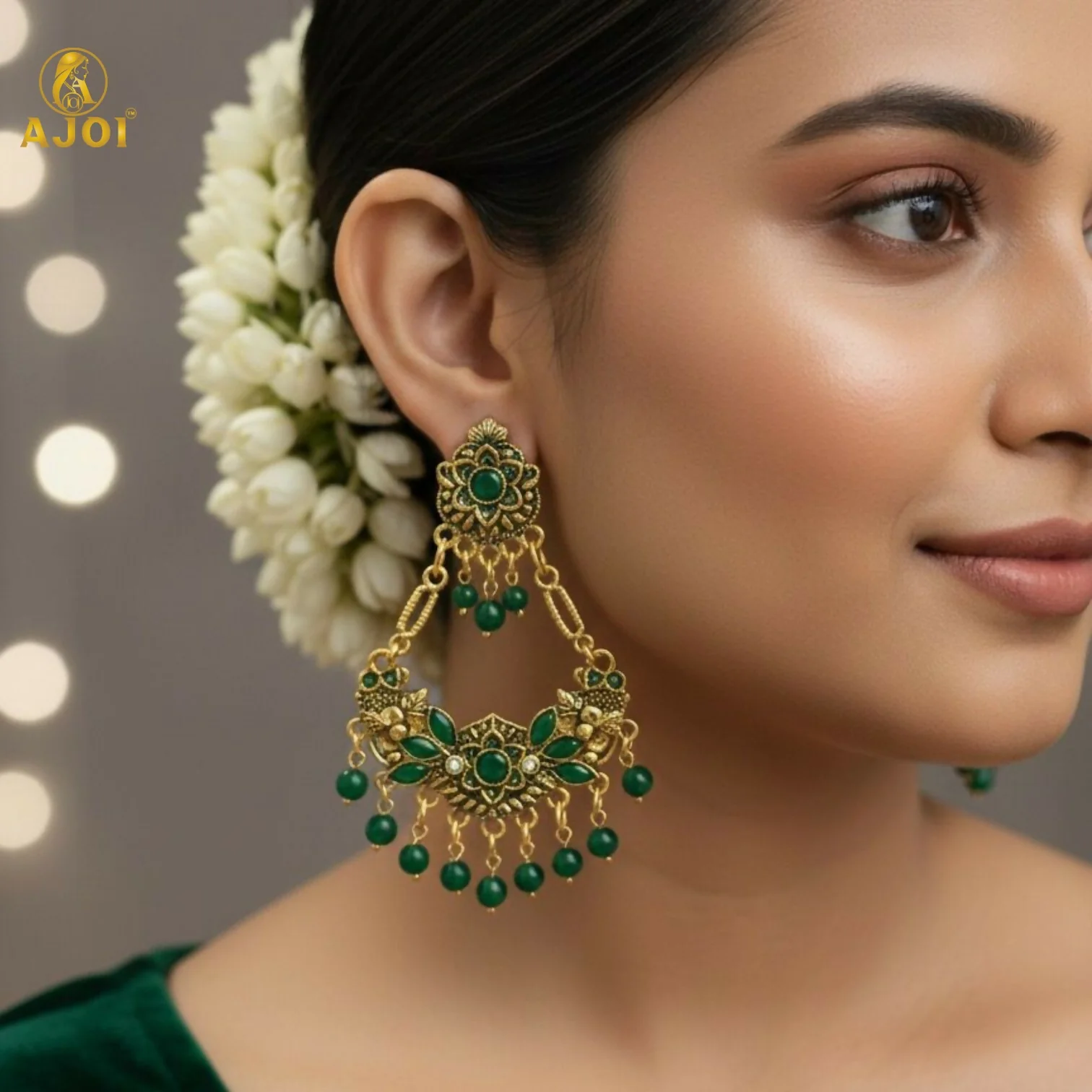 Antique Gold-Plated Green Stone Floral Chandbali Earrings for Women - Image 2