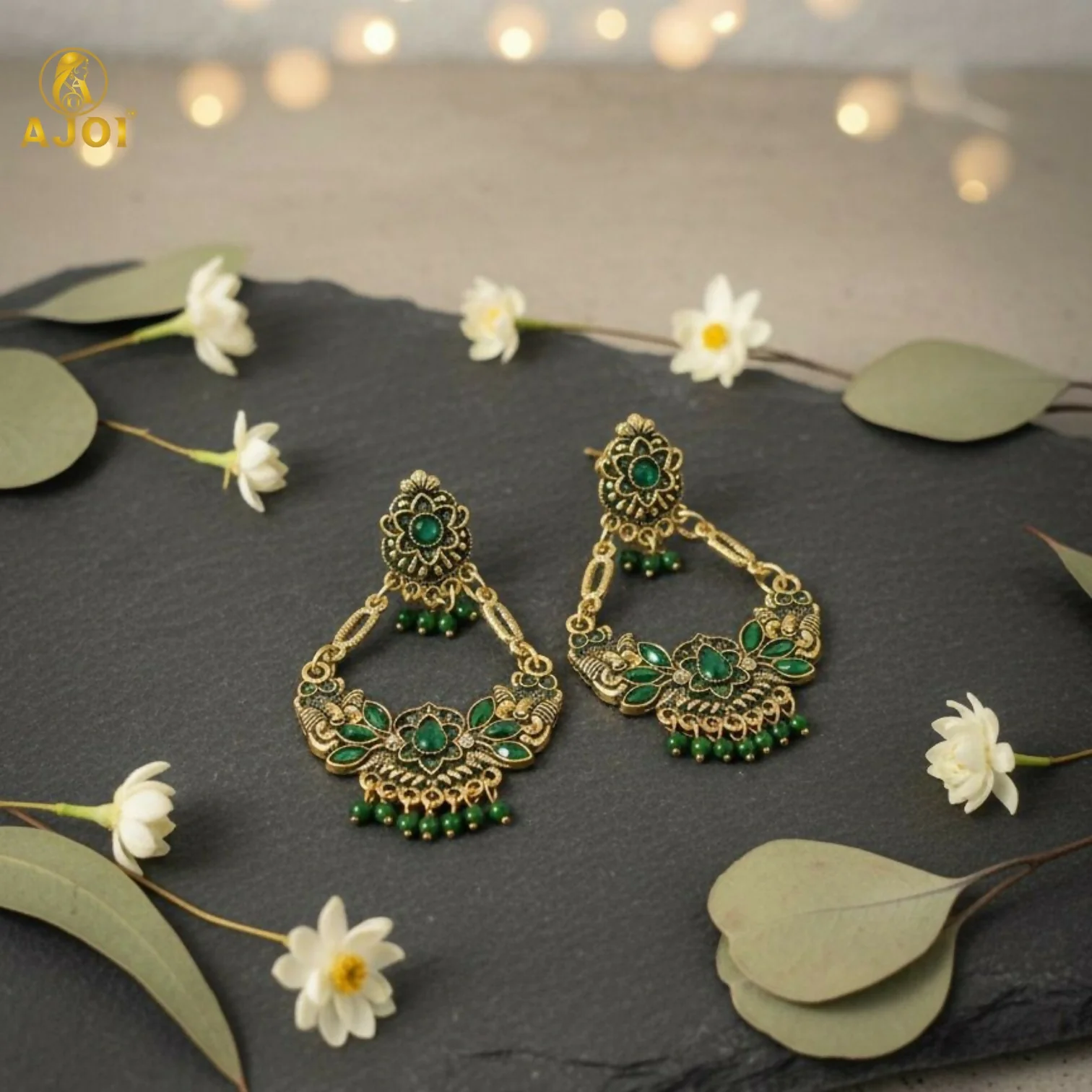Antique Gold-Plated Green Stone Floral Chandbali Earrings for Women - Image 3