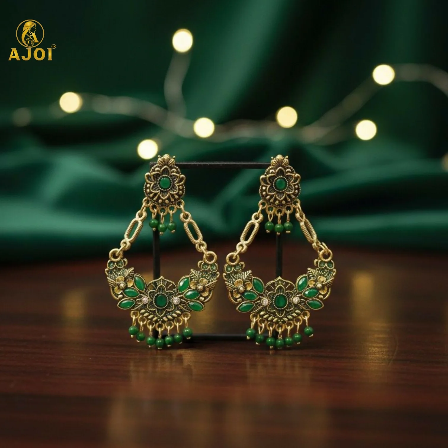 Antique Gold-Plated Green Stone Floral Chandbali Earrings for Women - Image 5