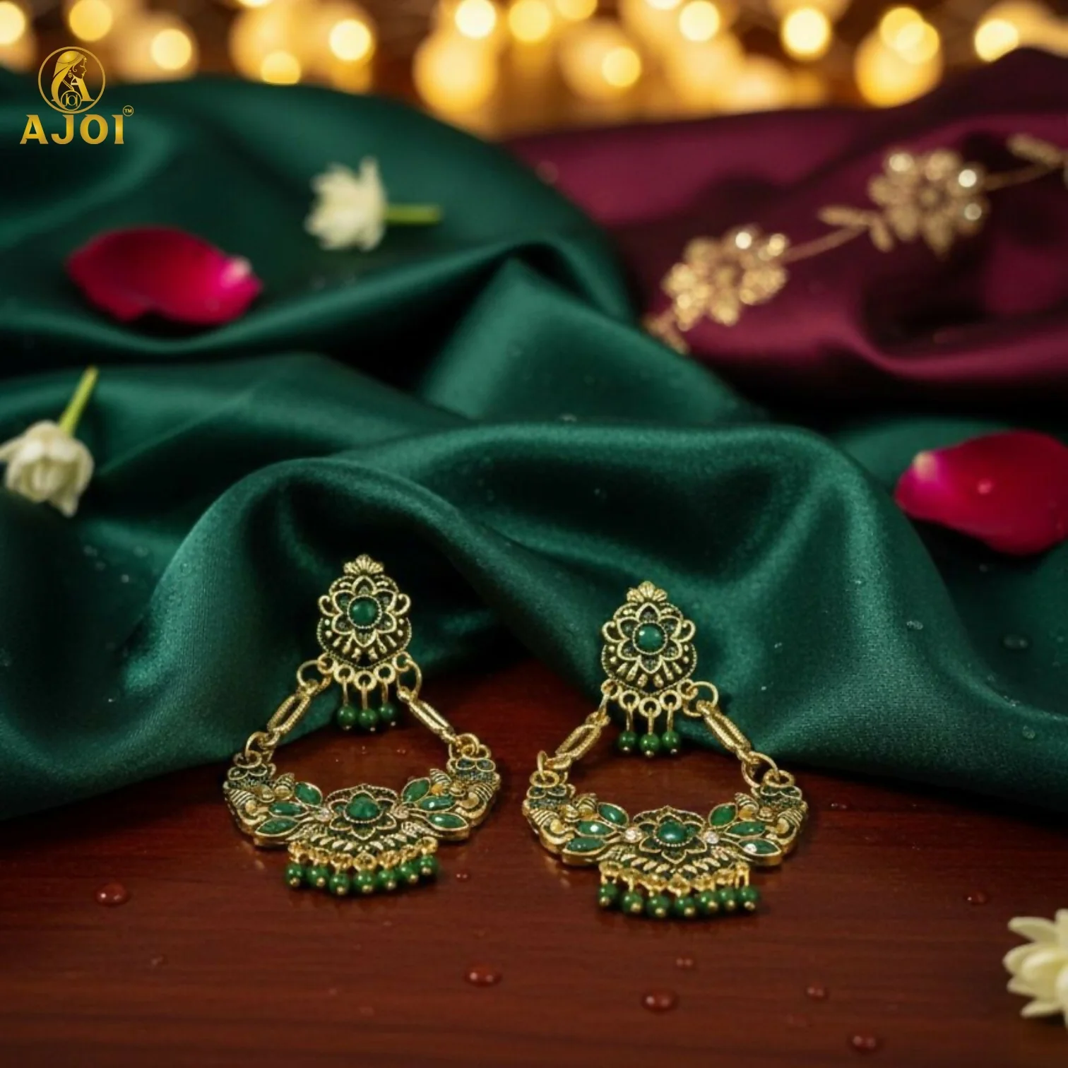 Antique Gold-Plated Green Stone Floral Chandbali Earrings for Women - Image 6
