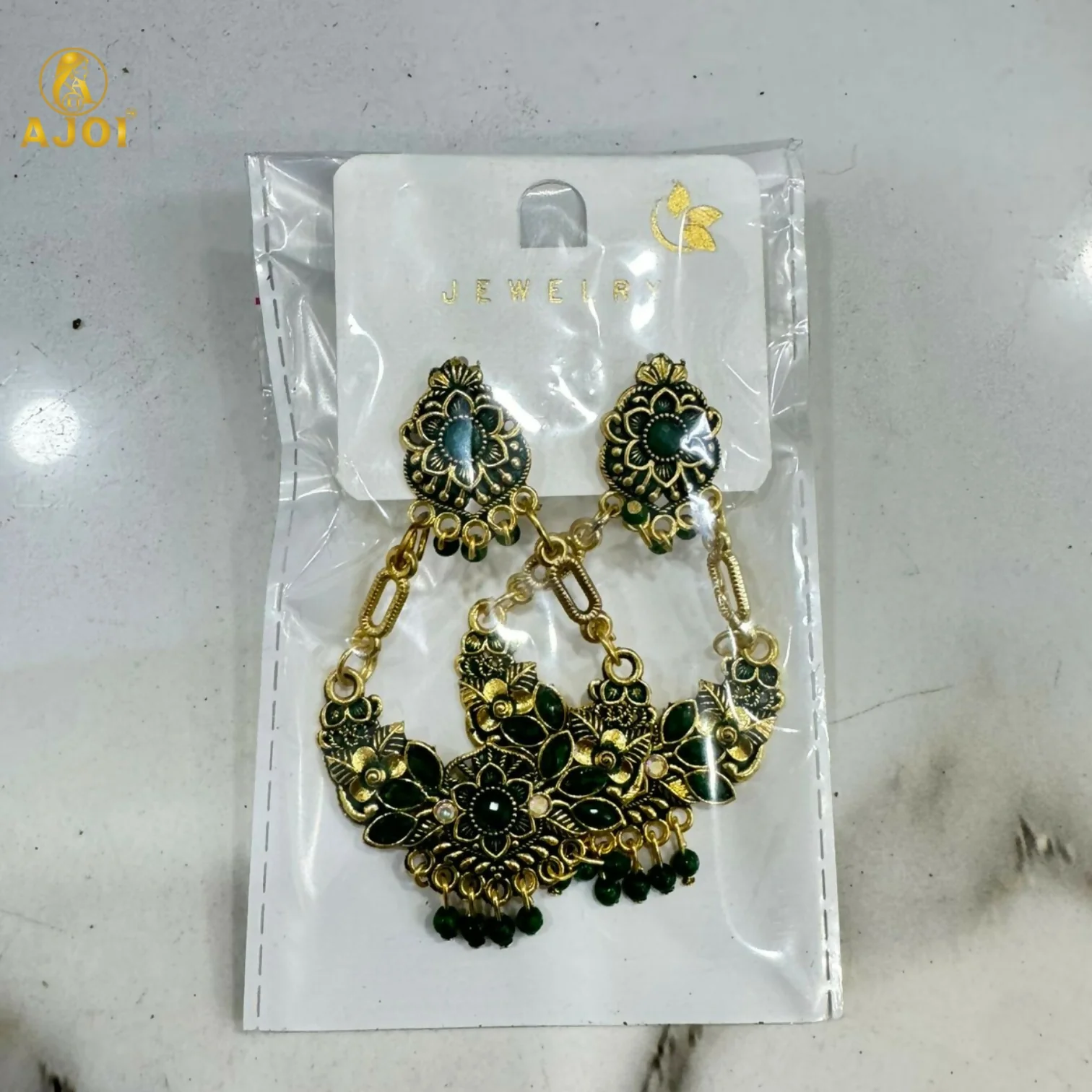 Antique Gold-Plated Green Stone Floral Chandbali Earrings for Women - Image 7