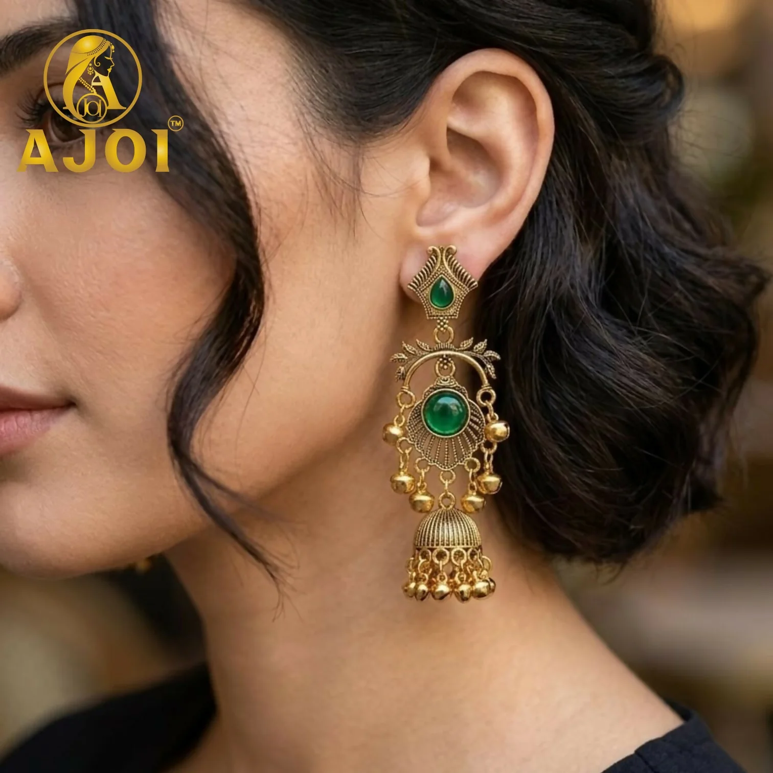 Antique Gold Plated Green Stone Traditional Jhumka Earrings for Women - Image 2
