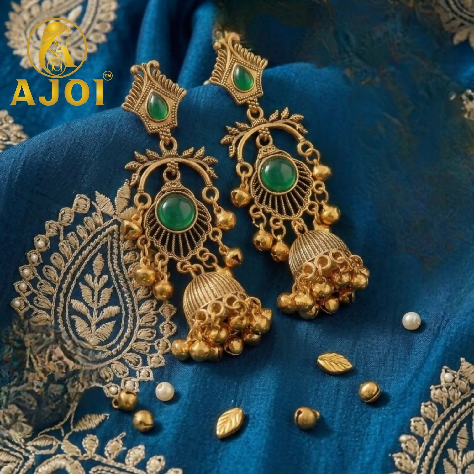 Antique Gold Plated Green Stone Traditional Jhumka Earrings for Women - Image 3