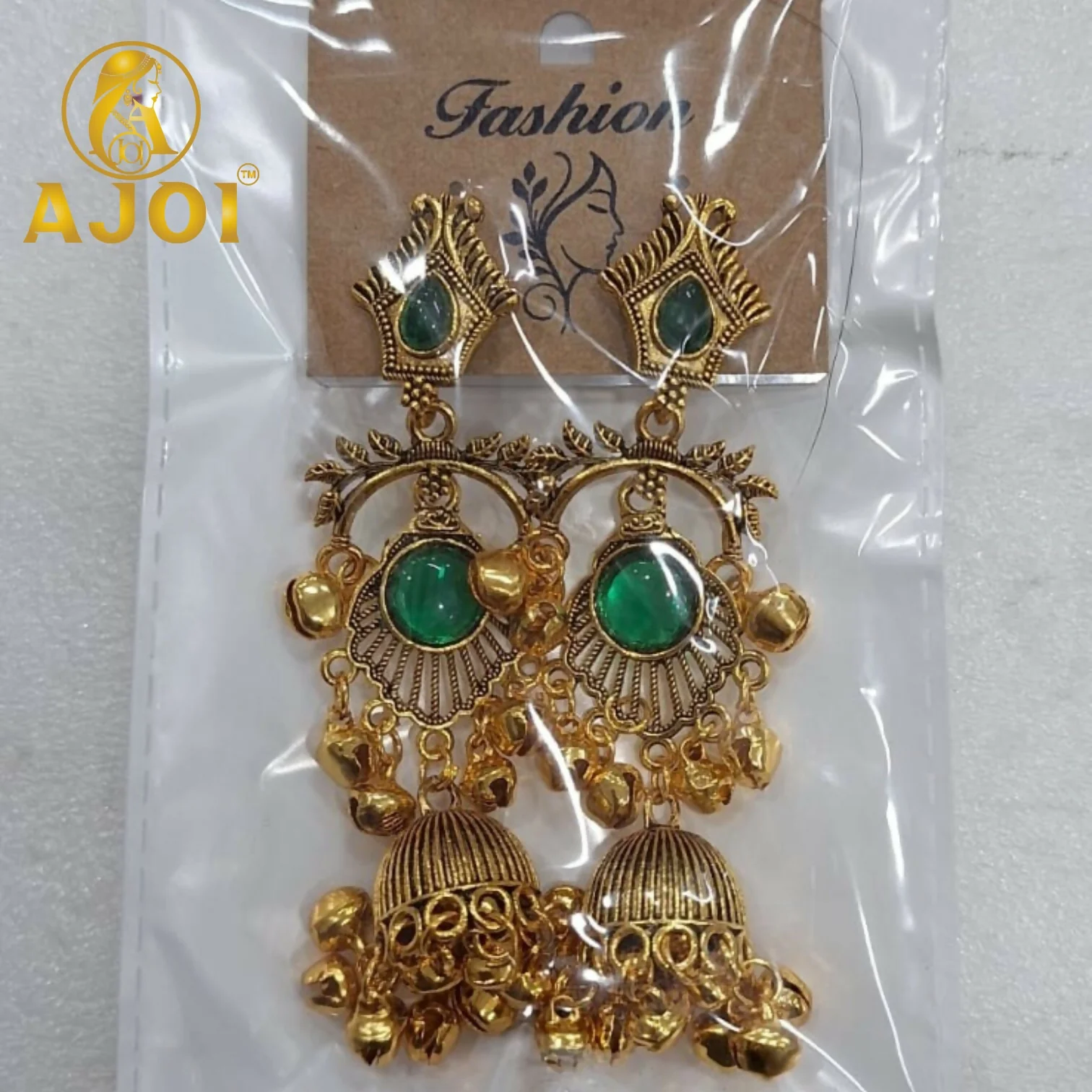 Antique Gold Plated Green Stone Traditional Jhumka Earrings for Women - Image 4