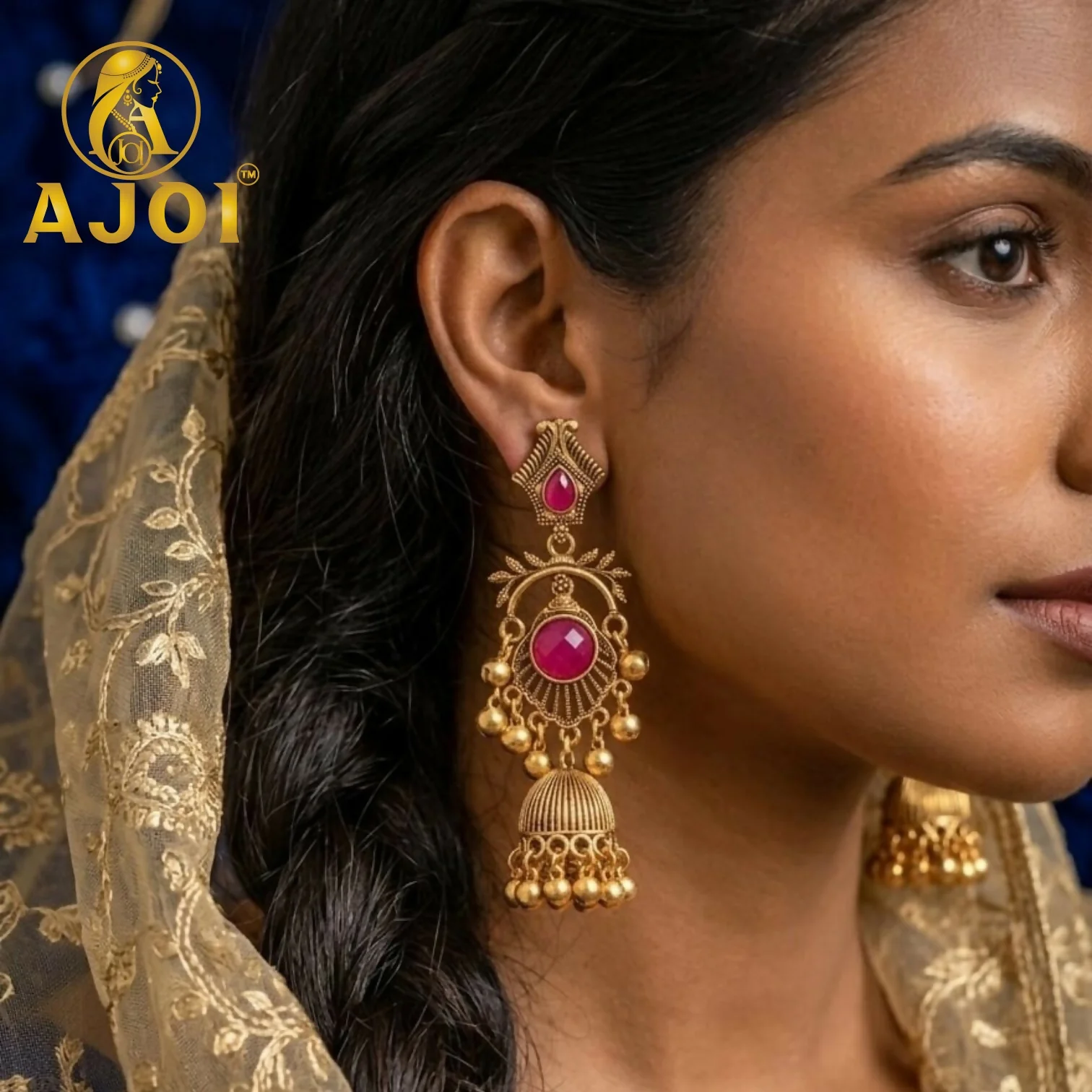 Antique Gold Plated Jhumka Earrings with Ruby Red Stone Traditional - Image 2