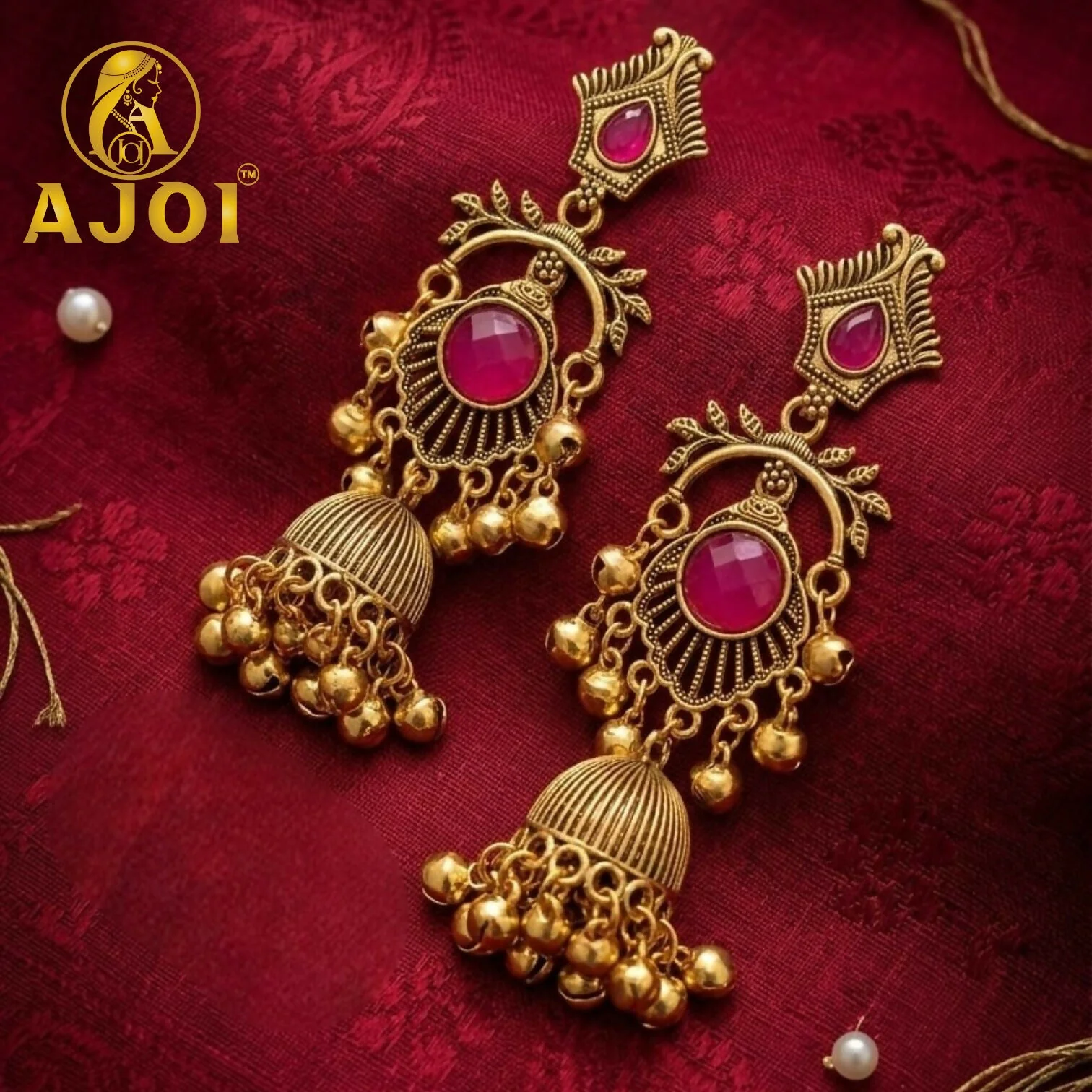 Antique Gold Plated Jhumka Earrings with Ruby Red Stone Traditional - Image 3