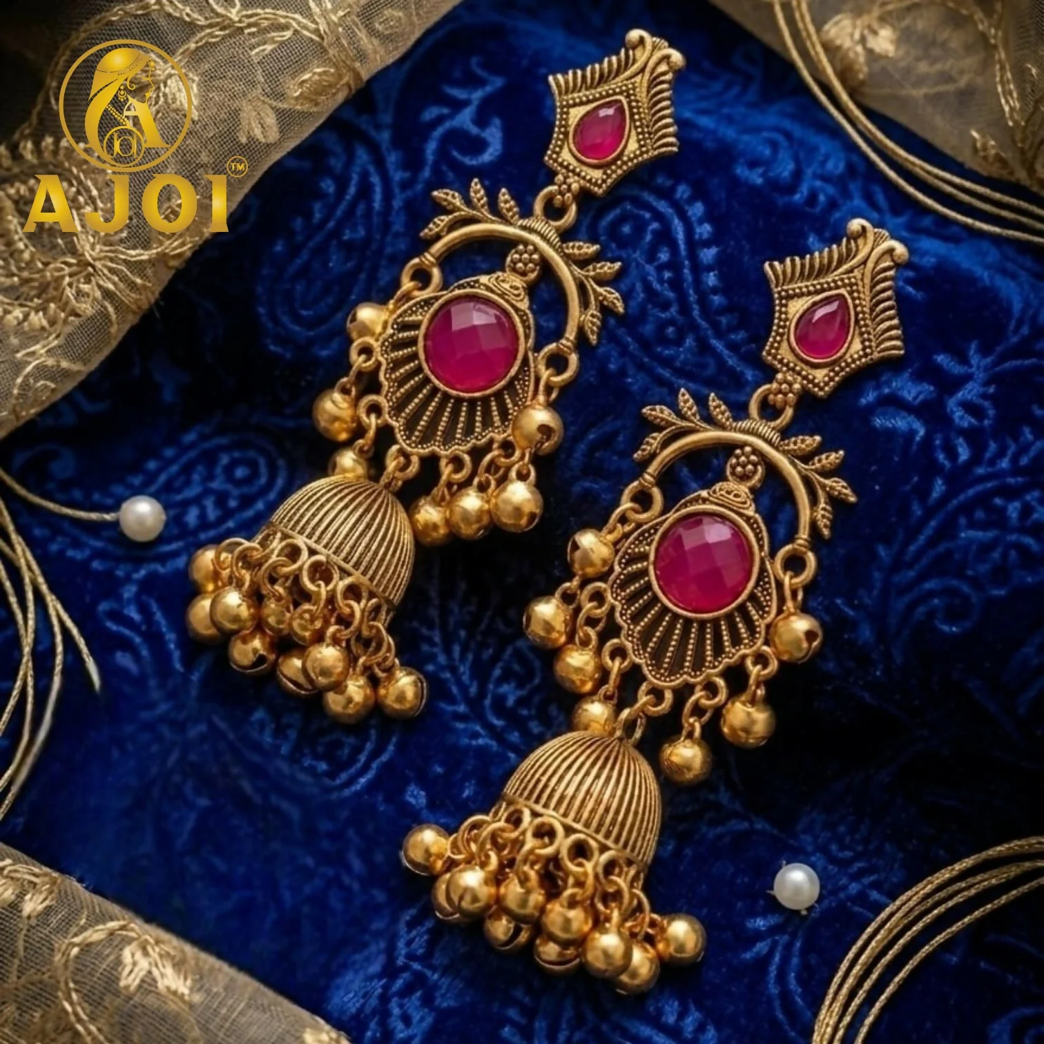 Antique Gold Plated Jhumka Earrings with Ruby Red Stone Traditional - Image 4