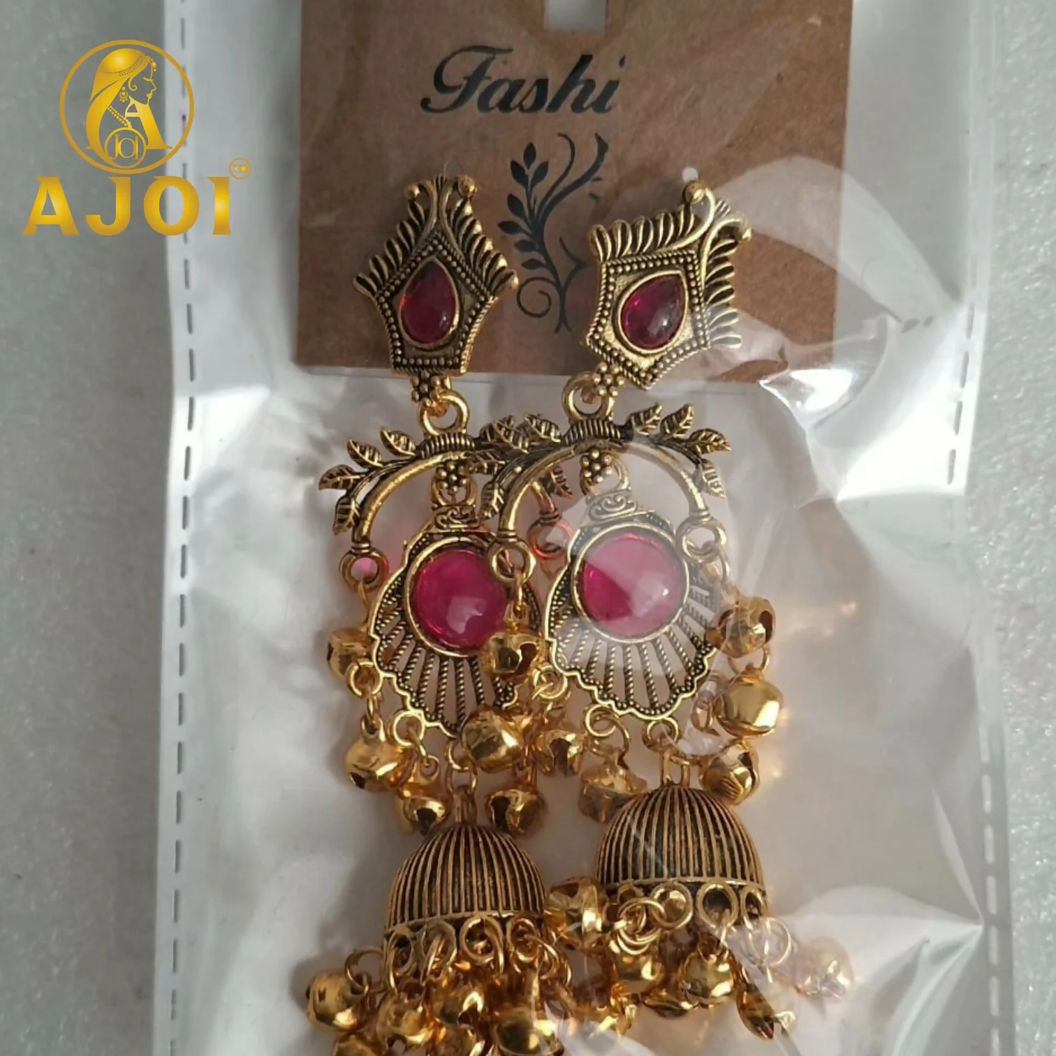 Antique Gold Plated Jhumka Earrings with Ruby Red Stone Traditional - Image 5