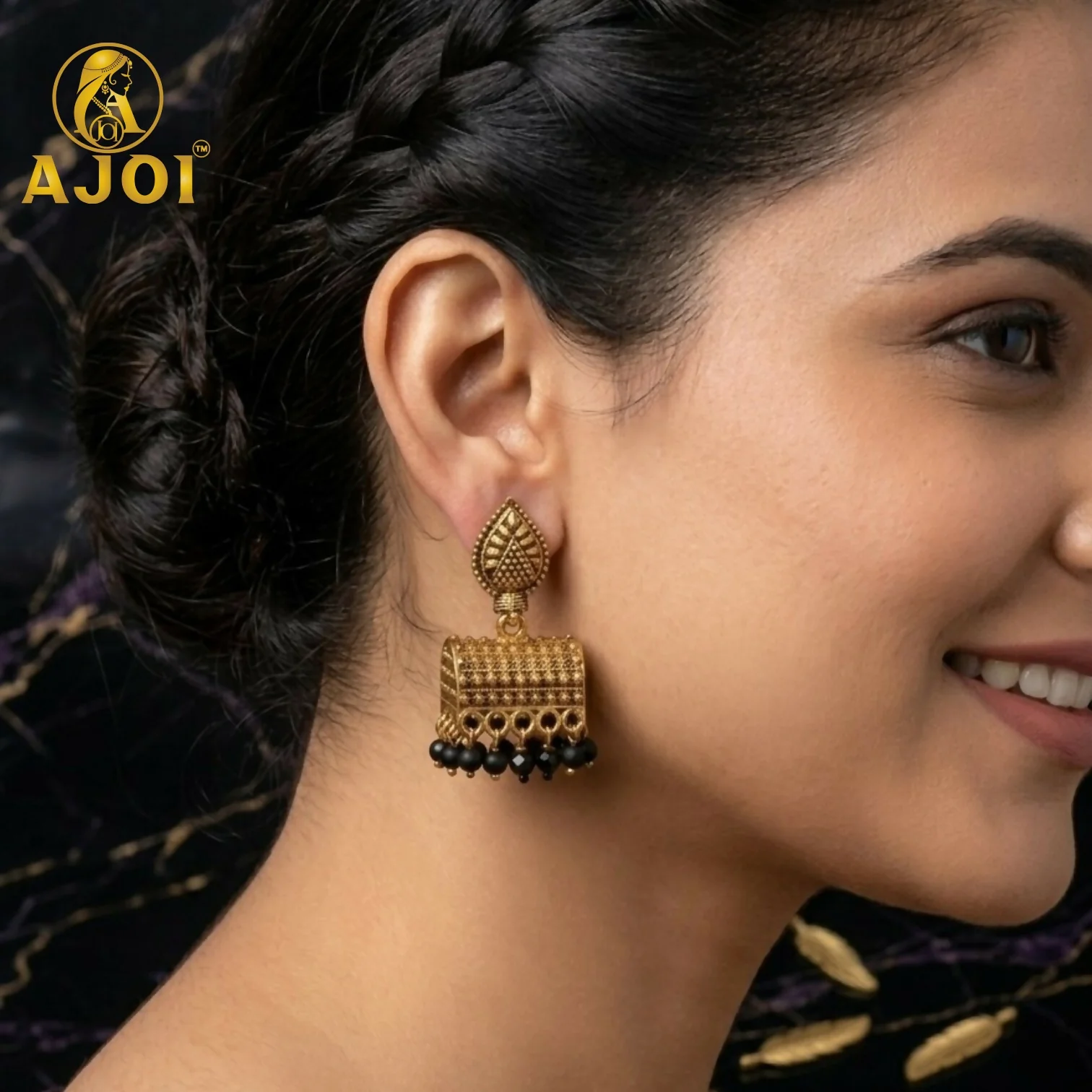Antique Gold-Plated Leaf Design Jhumka Earrings with Black Bead Drops - Image 2