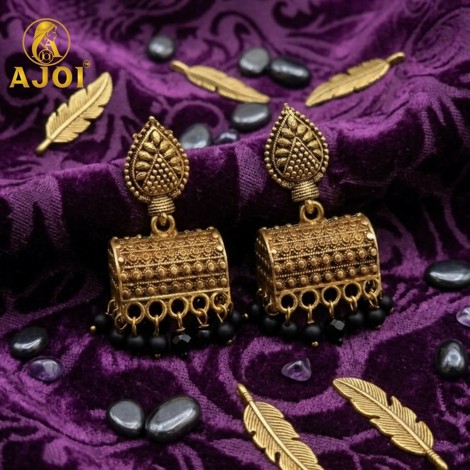 Antique Gold-Plated Leaf Design Jhumka Earrings with Black Bead Drops - Image 3