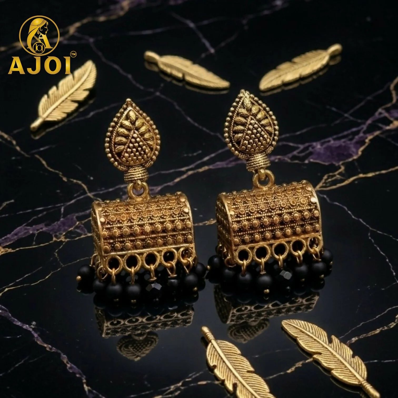 Antique Gold-Plated Leaf Design Jhumka Earrings with Black Bead Drops - Image 4