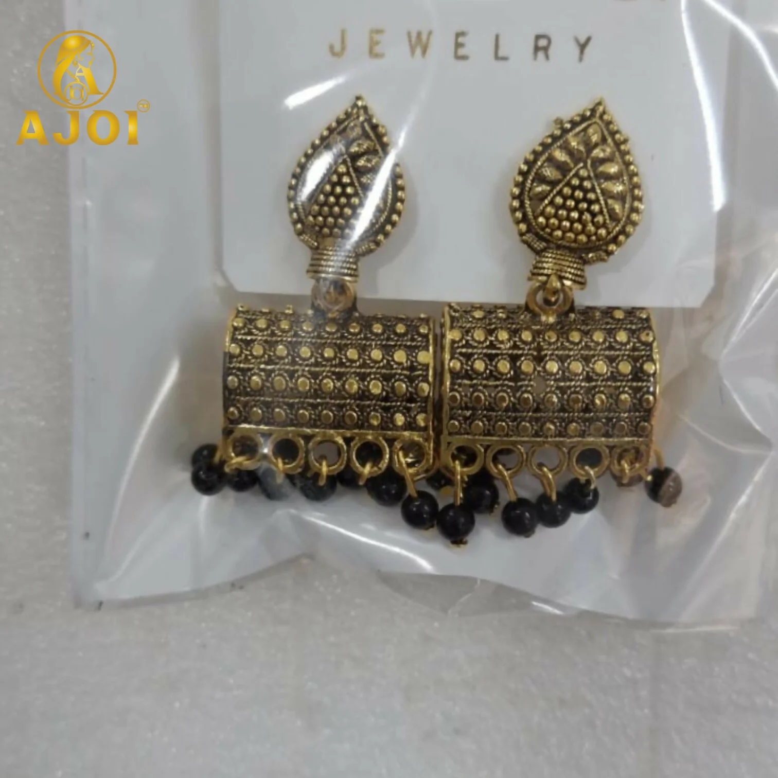 Antique Gold-Plated Leaf Design Jhumka Earrings with Black Bead Drops - Image 5