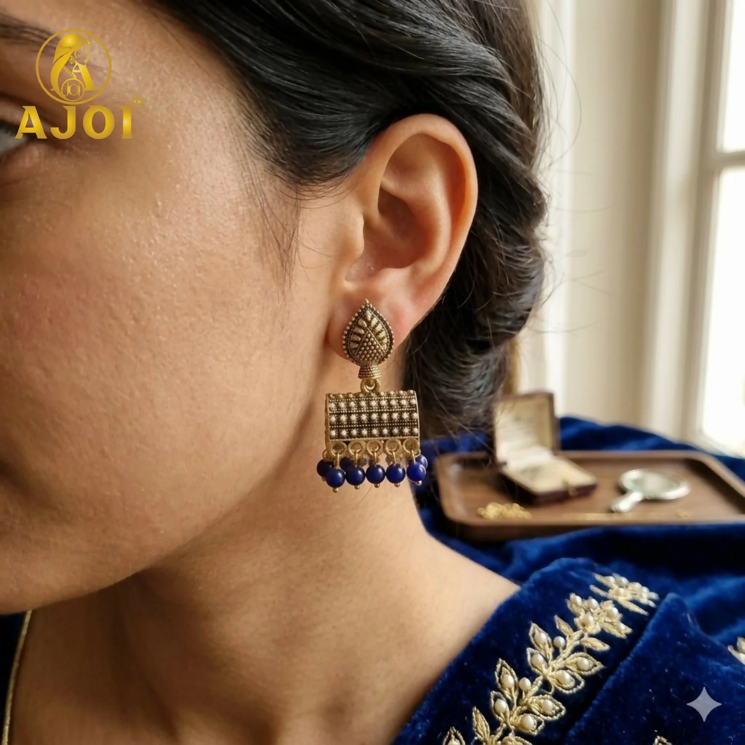 Antique Gold-Plated Leaf Design Jhumka Earrings with Blue Beads - Image 2