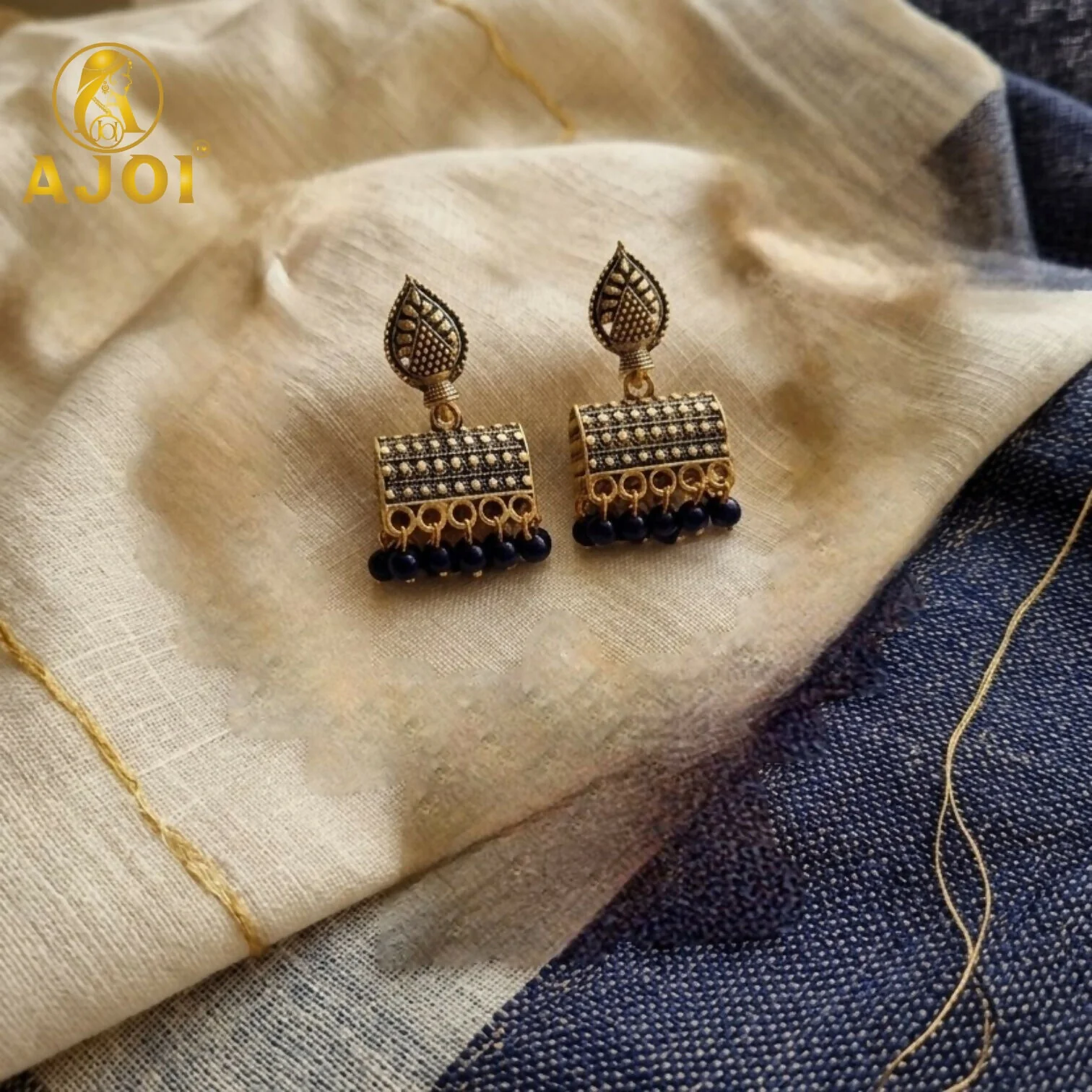 Antique Gold-Plated Leaf Design Jhumka Earrings with Blue Beads - Image 3