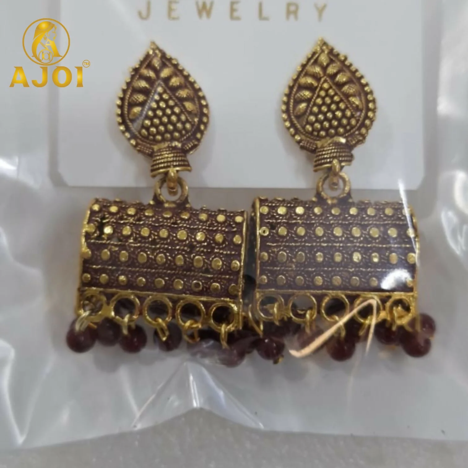 Antique Gold-Plated Leaf Design Jhumka Earrings with Blue Beads - Image 4
