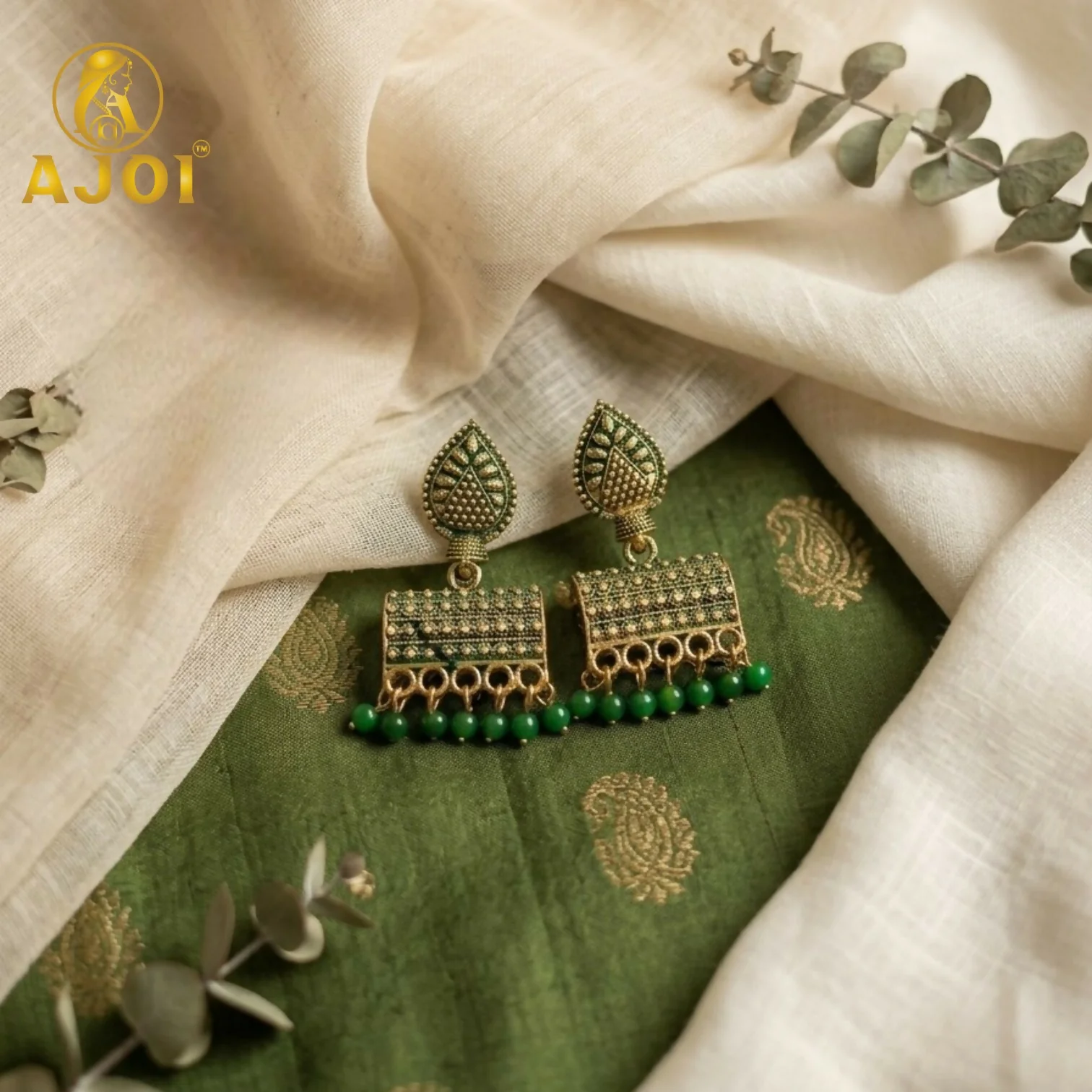 Antique Gold-Plated Leaf Design Jhumka Earrings with Green Bead Drops