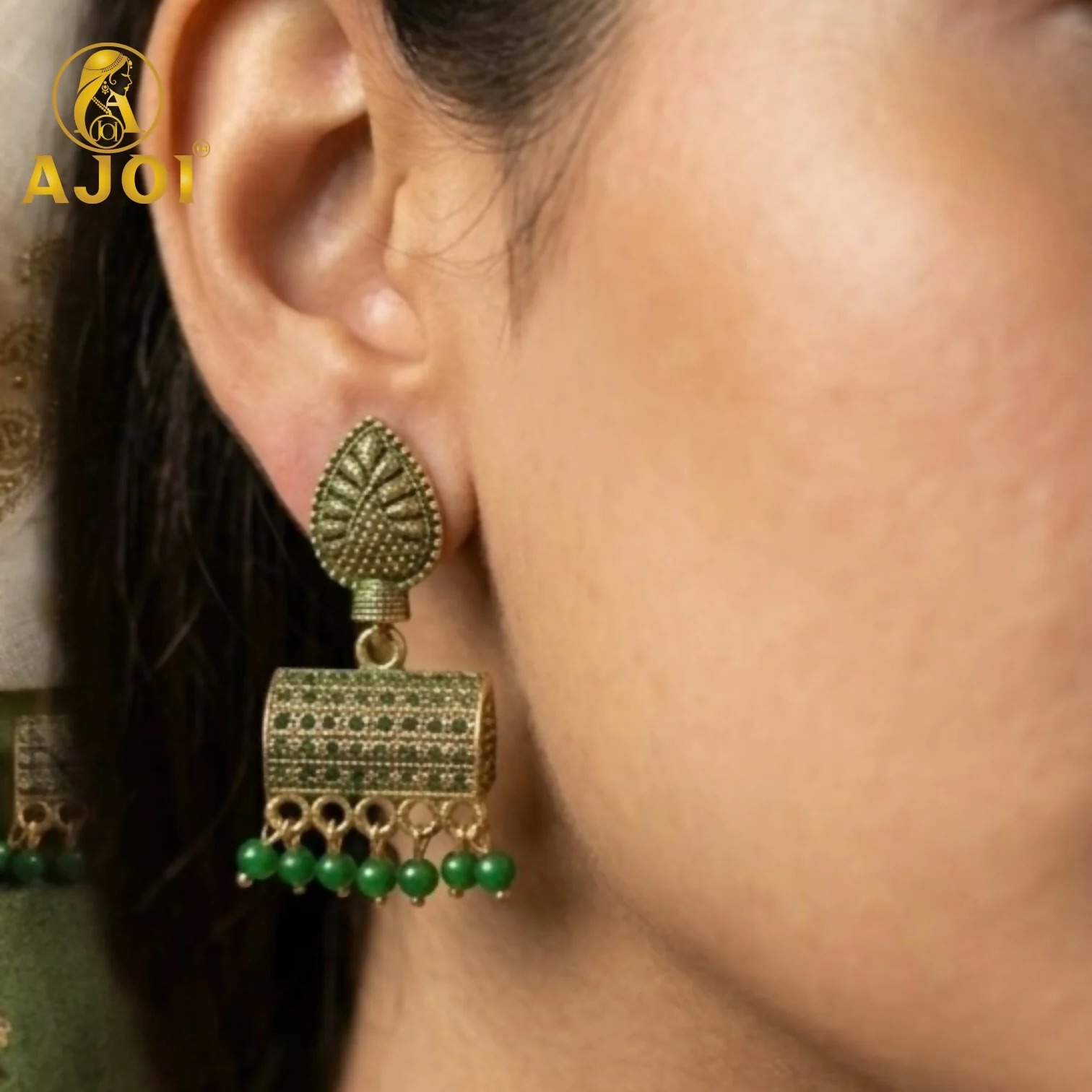 Antique Gold-Plated Leaf Design Jhumka Earrings with Green Bead Drops - Image 2