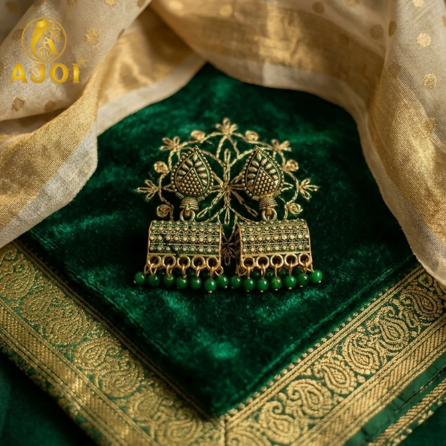 Antique Gold-Plated Leaf Design Jhumka Earrings with Green Bead Drops - Image 3