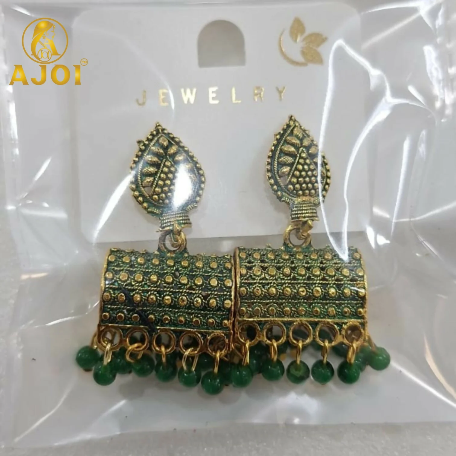 Antique Gold-Plated Leaf Design Jhumka Earrings with Green Bead Drops - Image 4