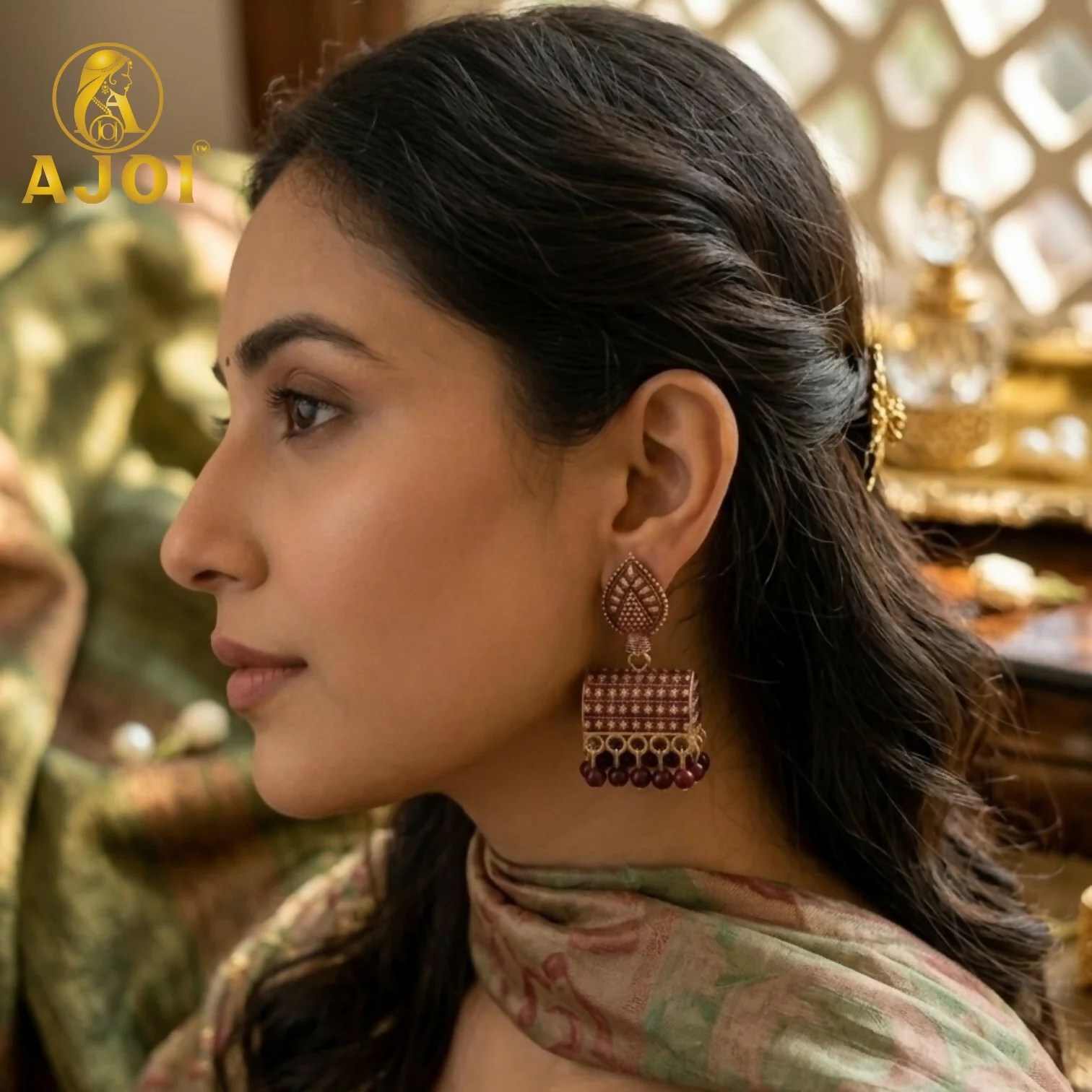 Antique Gold-Plated Leaf Design Jhumka Earrings with Maroon Bead Drops - Image 2