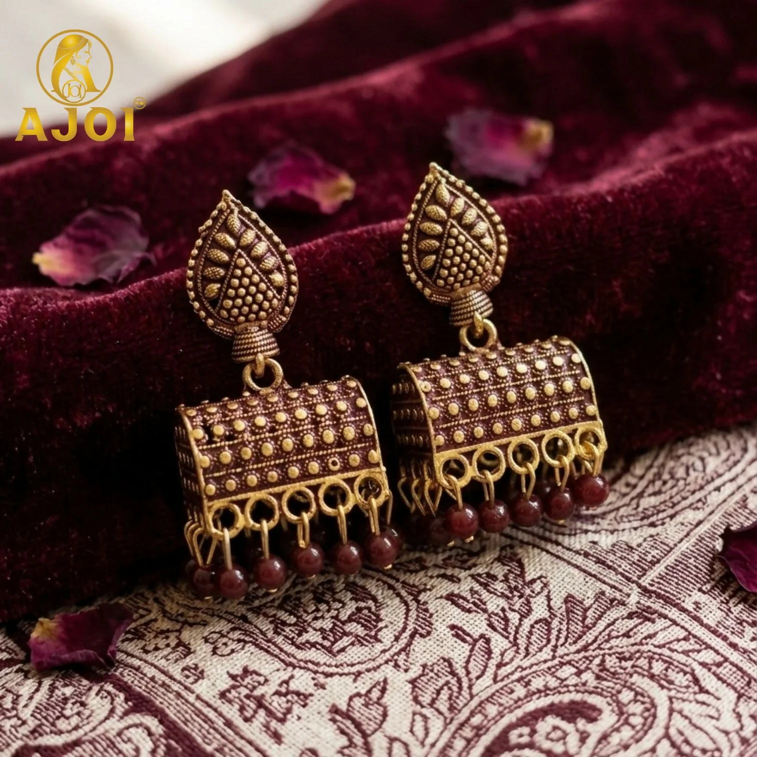 Antique Gold-Plated Leaf Design Jhumka Earrings with Maroon Bead Drops - Image 3