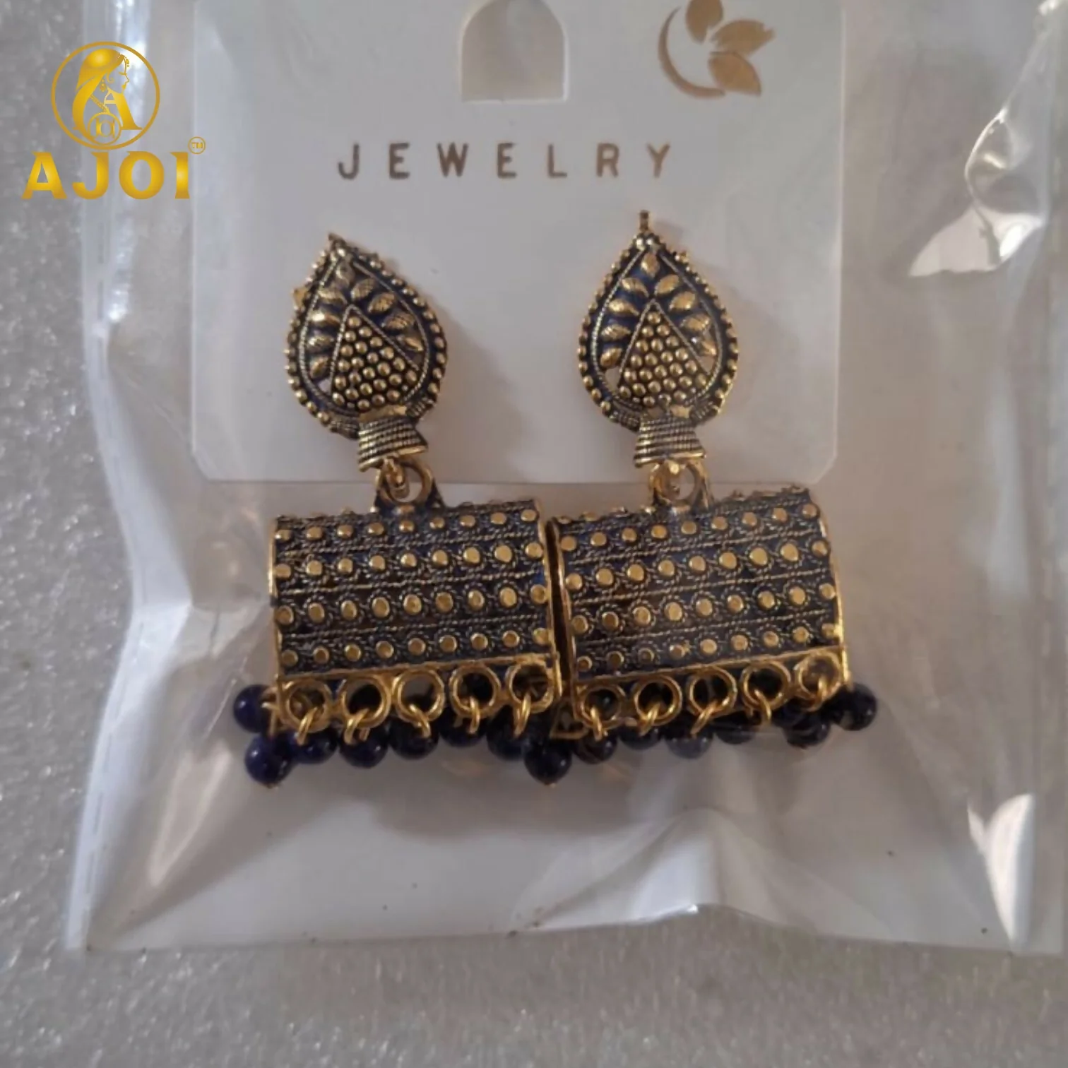 Antique Gold-Plated Leaf Design Jhumka Earrings with Maroon Bead Drops - Image 4
