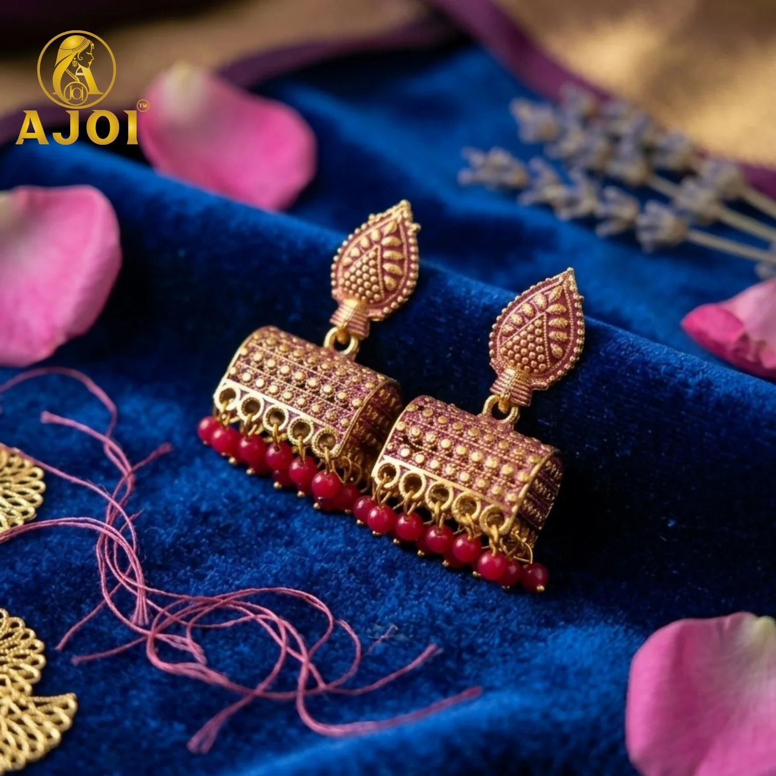 Antique Gold-Plated Leaf Design Jhumka Earrings with Pink Bead Drops