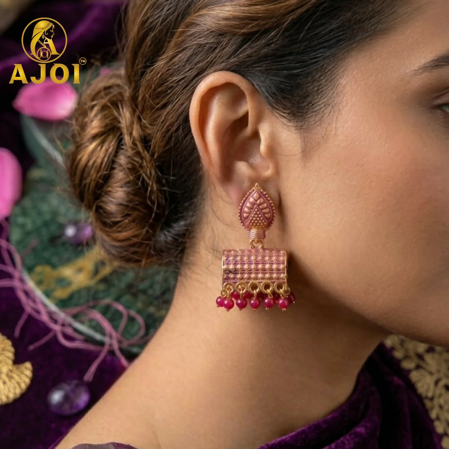 Antique Gold-Plated Leaf Design Jhumka Earrings with Pink Bead Drops - Image 2