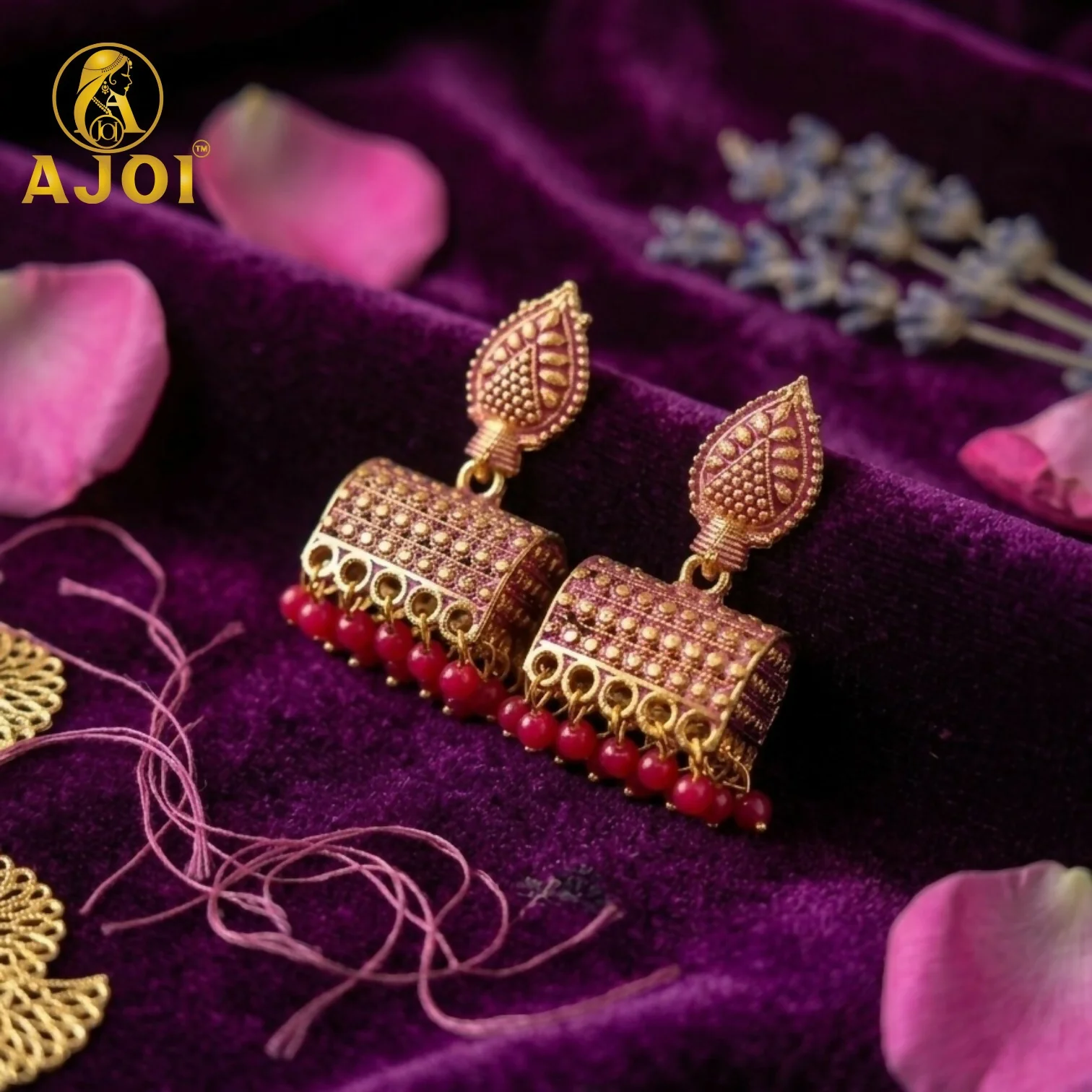 Antique Gold-Plated Leaf Design Jhumka Earrings with Pink Bead Drops - Image 3