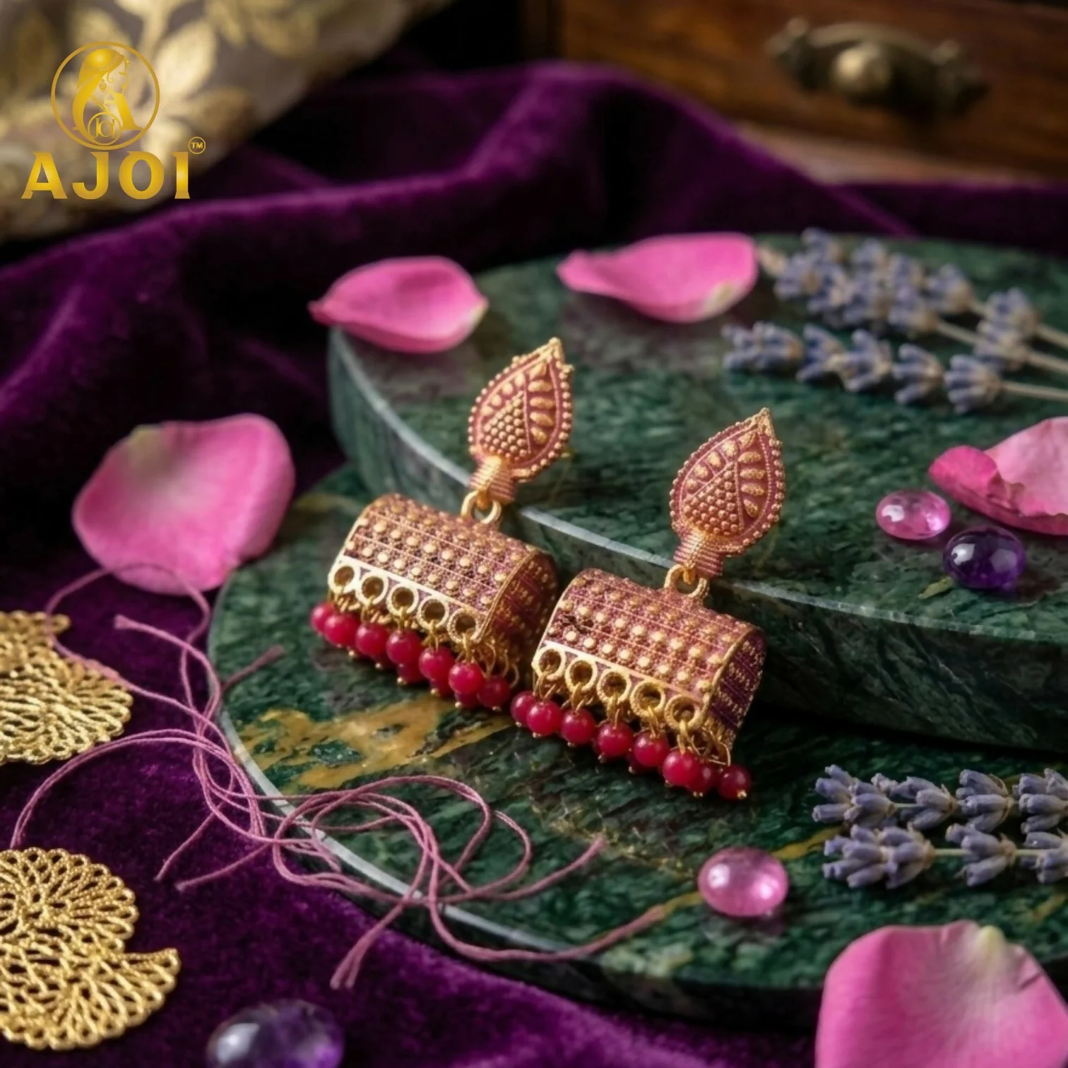 Antique Gold-Plated Leaf Design Jhumka Earrings with Pink Bead Drops - Image 4