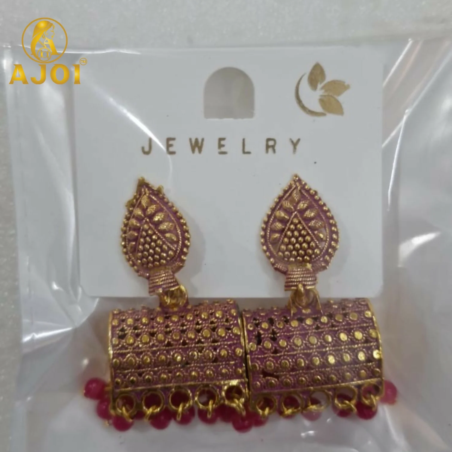Antique Gold-Plated Leaf Design Jhumka Earrings with Pink Bead Drops - Image 5