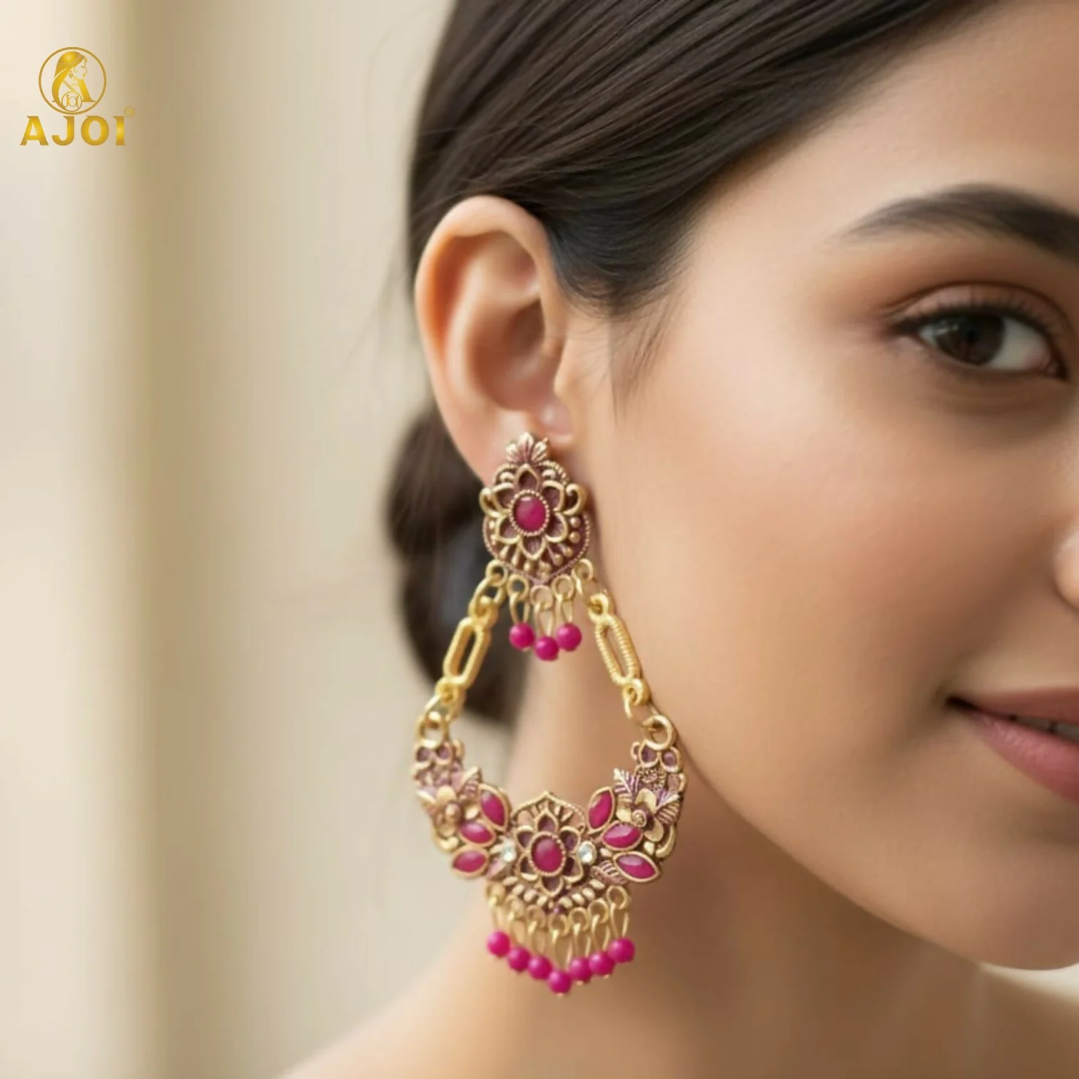 Antique Gold-Plated Pink Stone Floral Chandbali Earrings for Women - Image 2