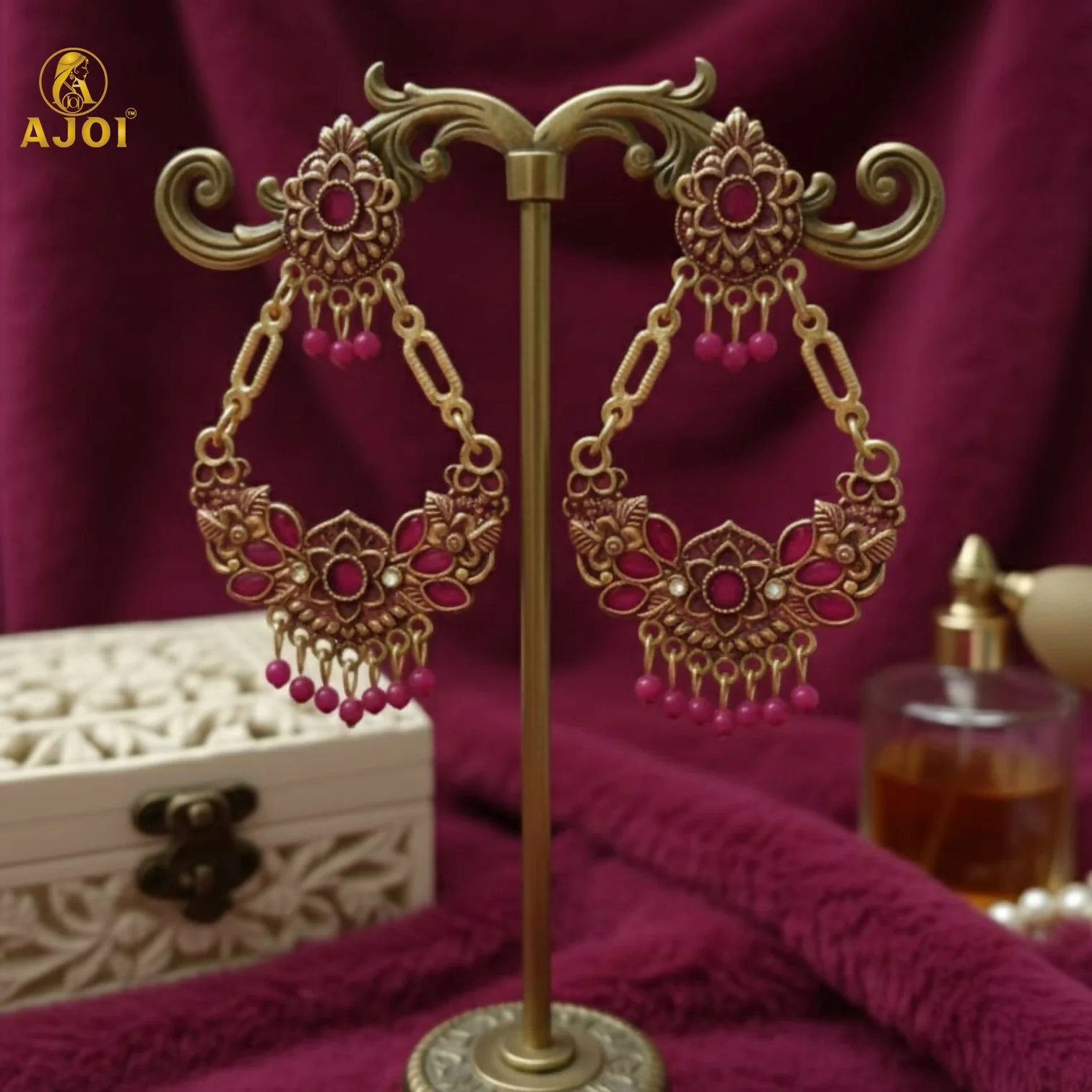 Antique Gold-Plated Pink Stone Floral Chandbali Earrings for Women - Image 3