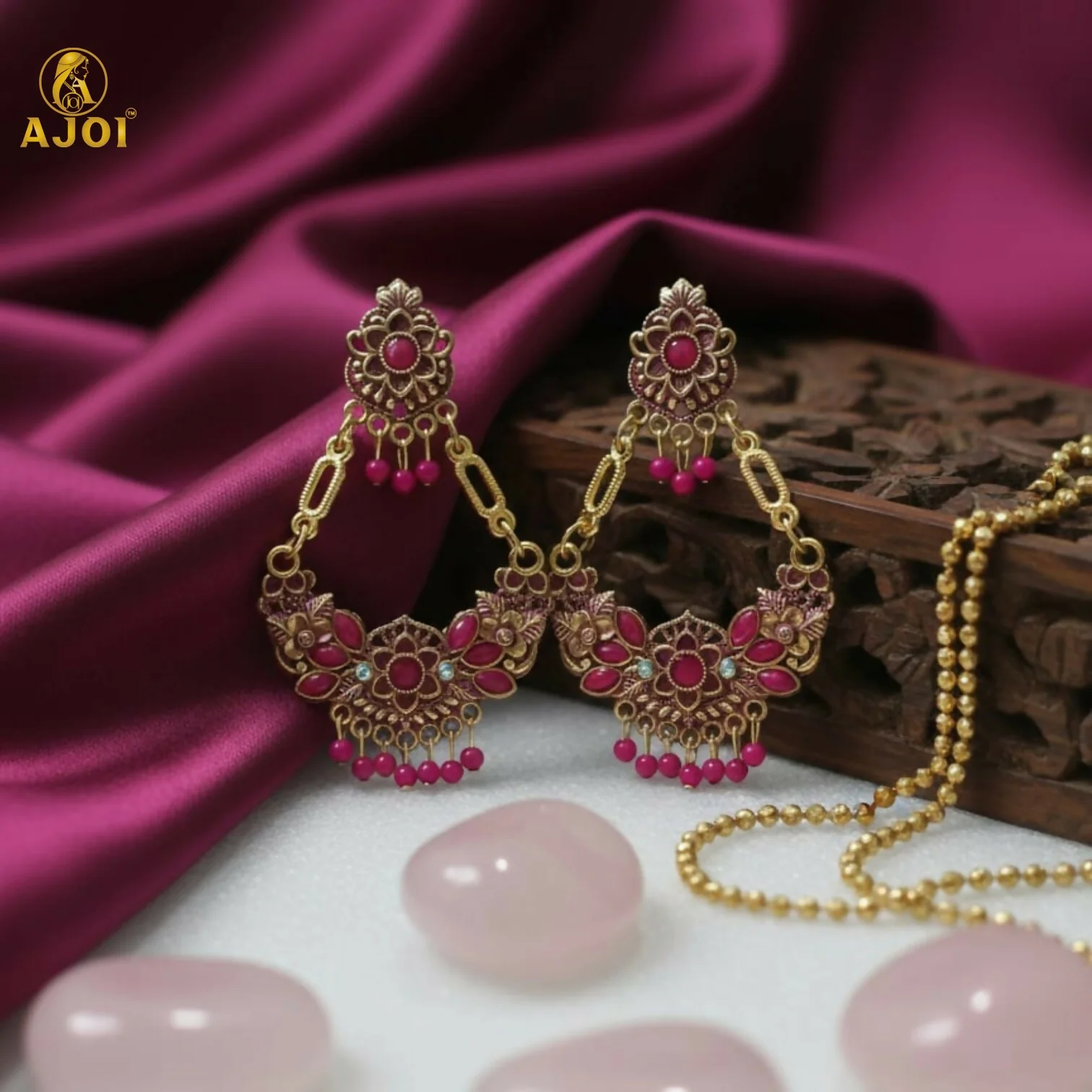 Antique Gold-Plated Pink Stone Floral Chandbali Earrings for Women - Image 4